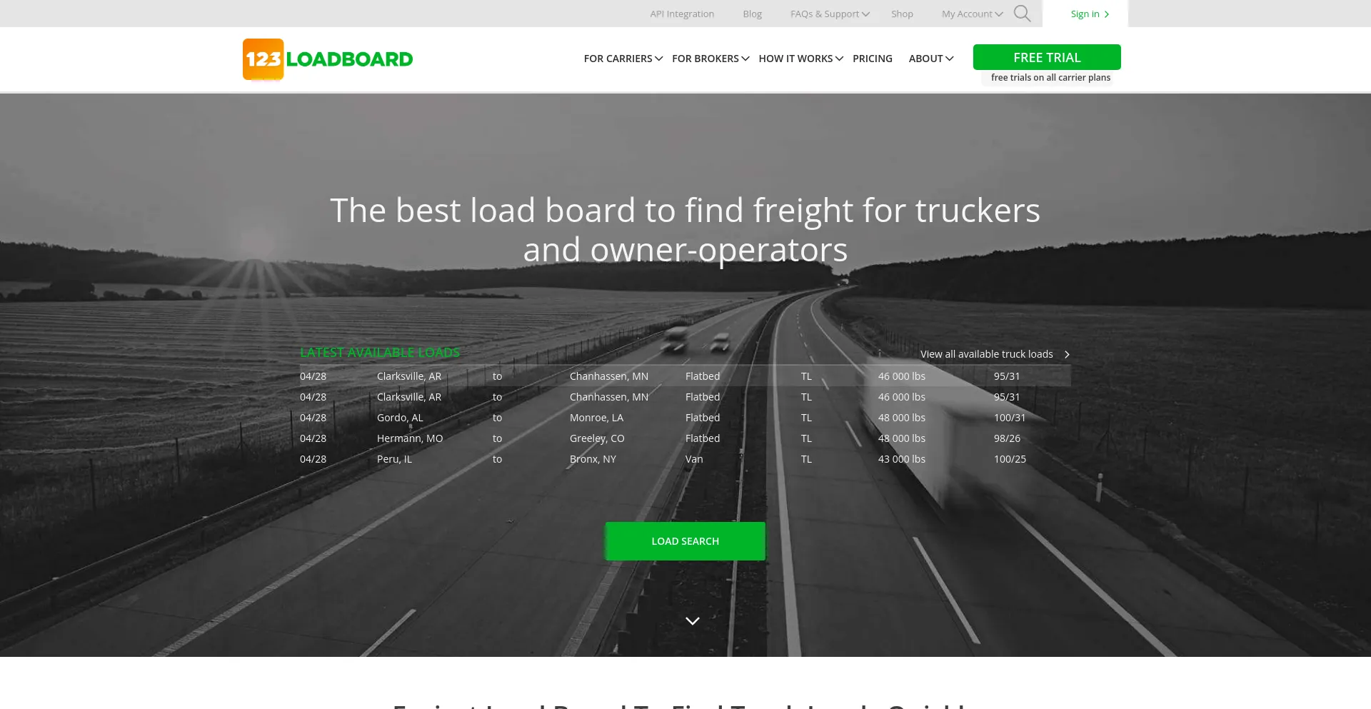 Screenshot of 123loadboard.com homepage