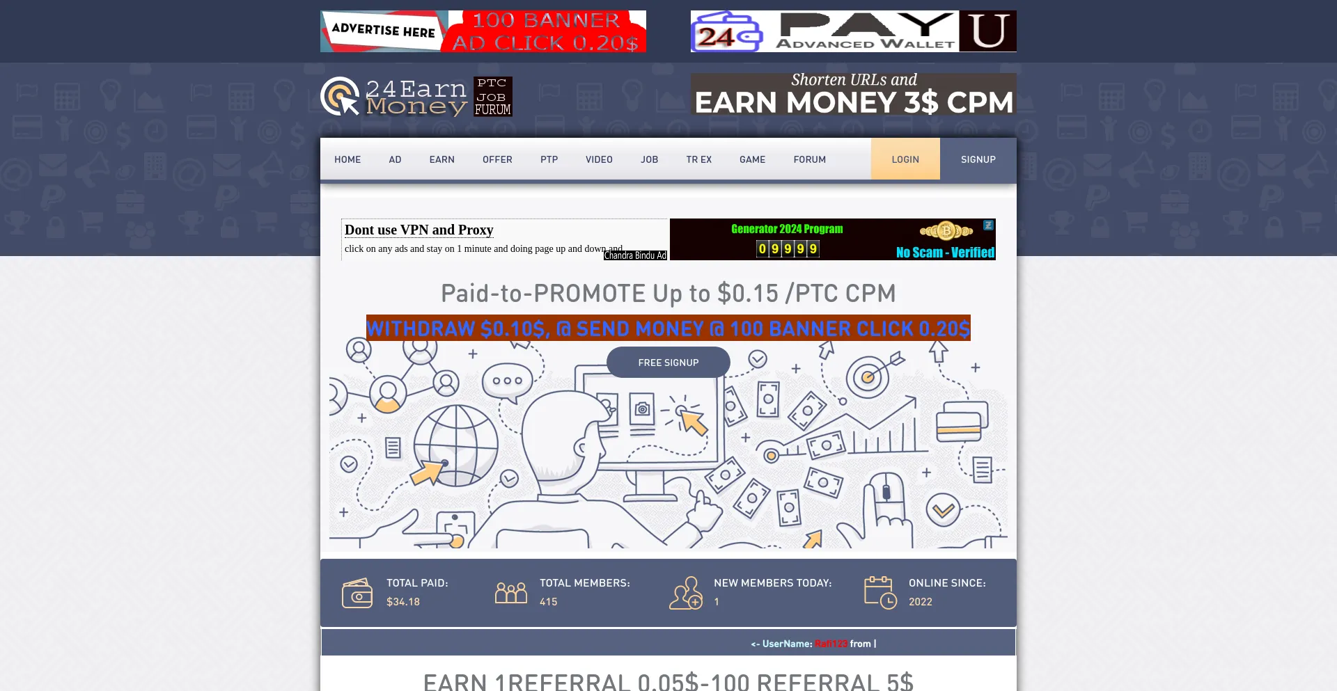 Screenshot of 24earnmoney.com homepage