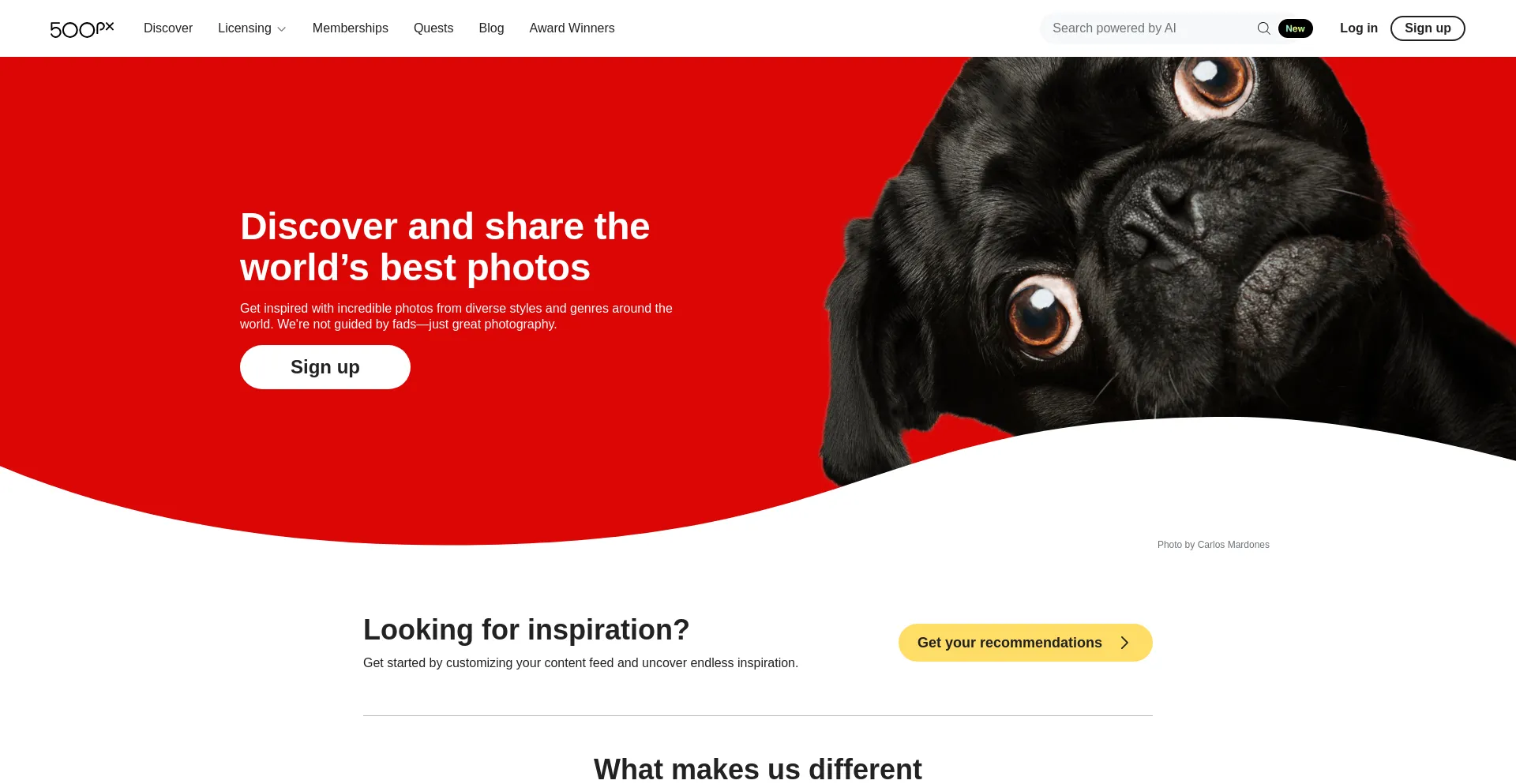 Screenshot of 500px.com homepage