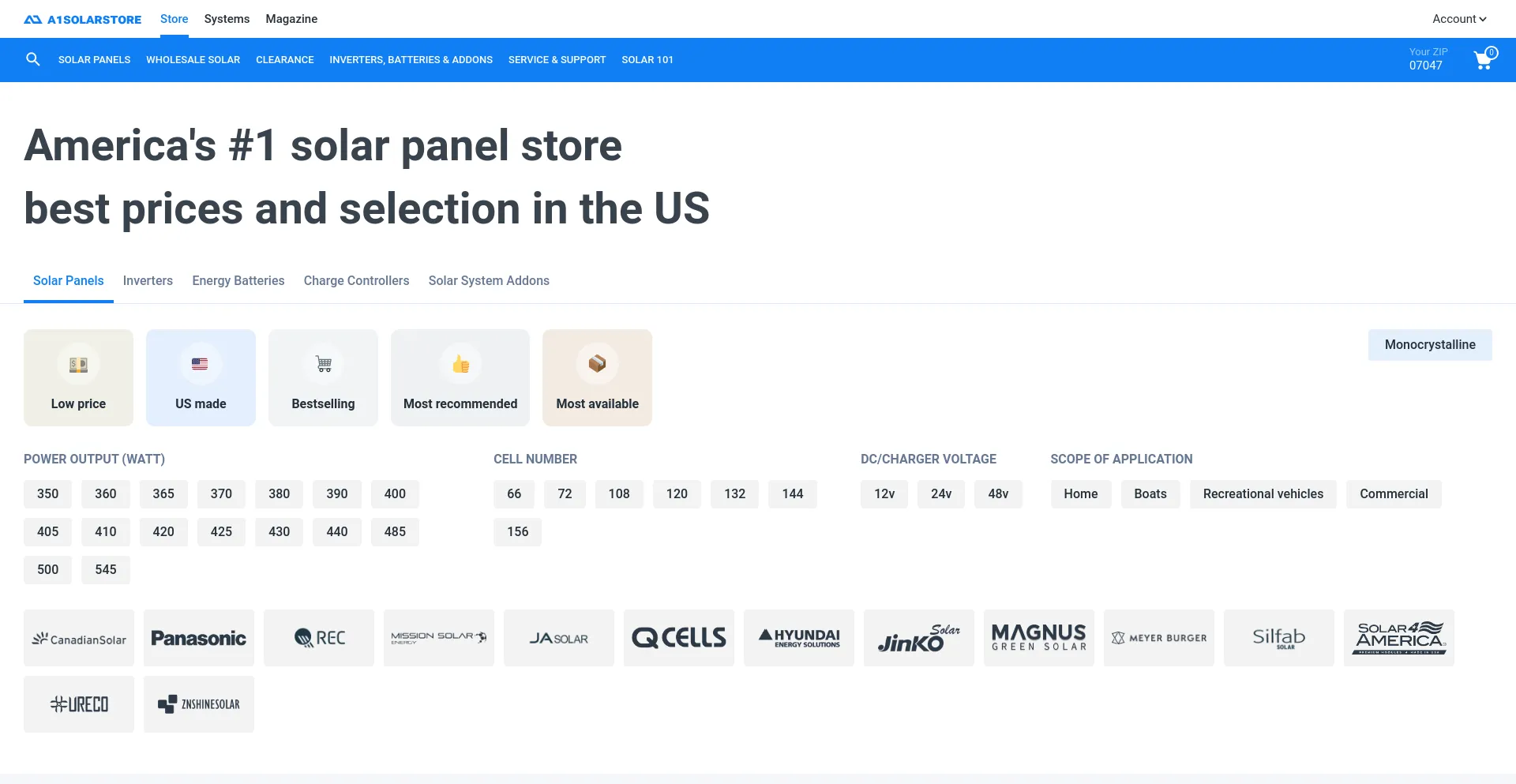 Screenshot of a1solarstore.com homepage