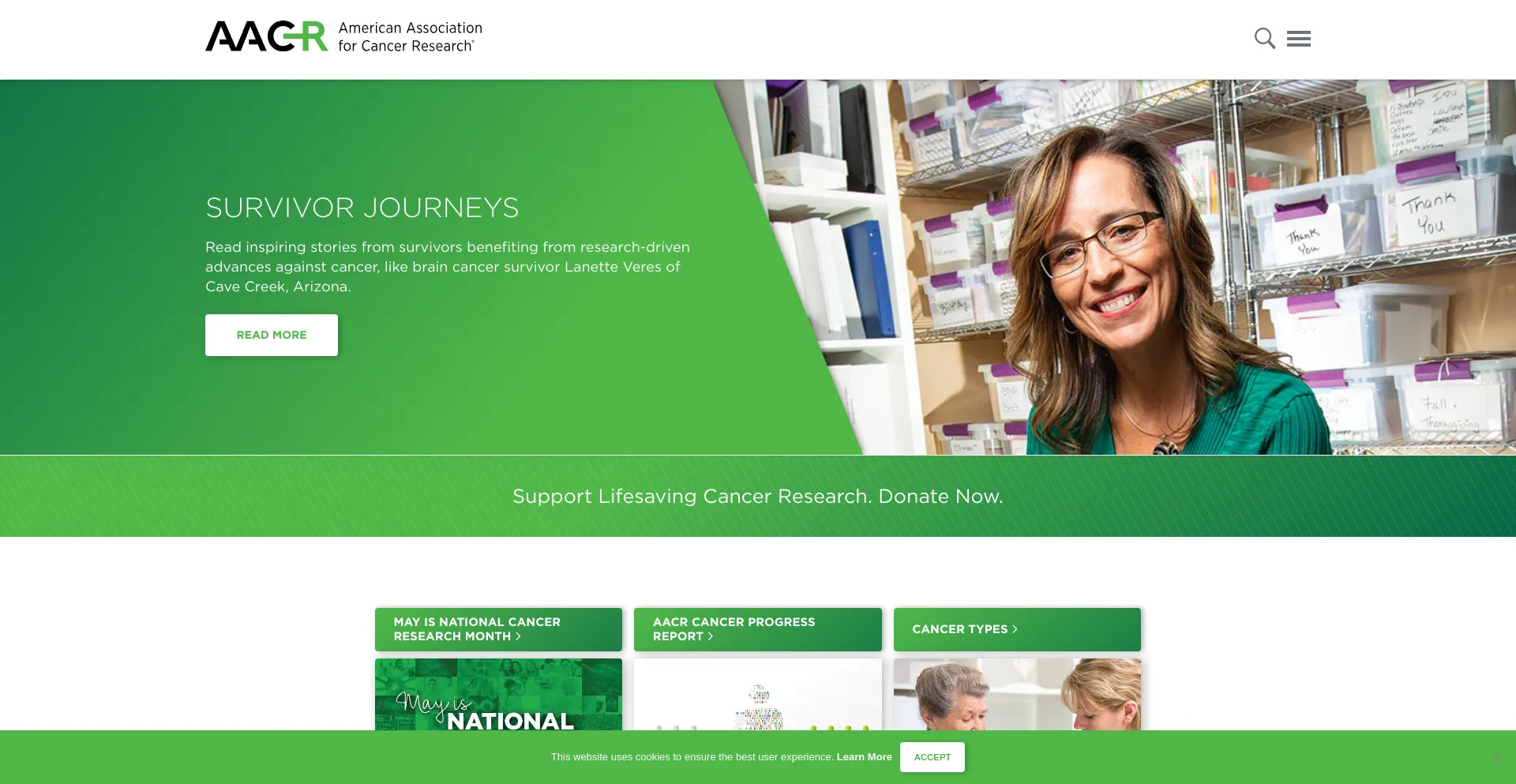 Screenshot of aacr.org homepage