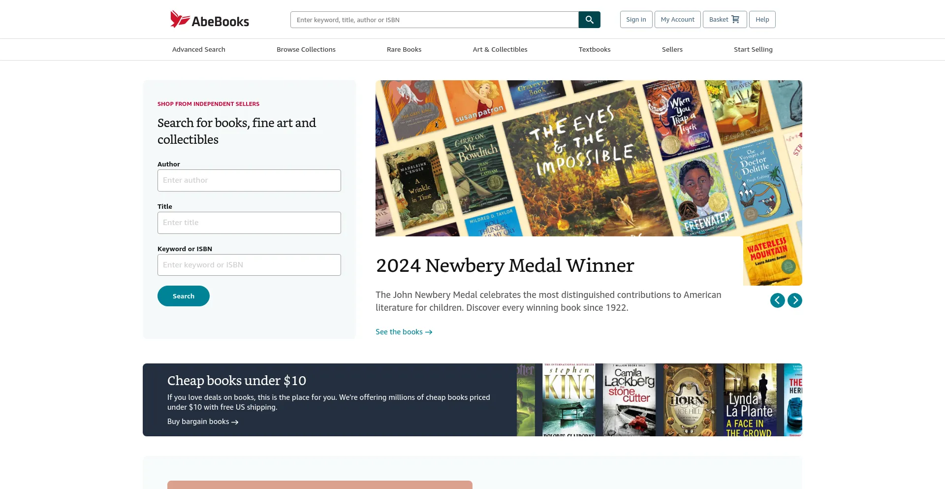 Screenshot of abebooks.com homepage