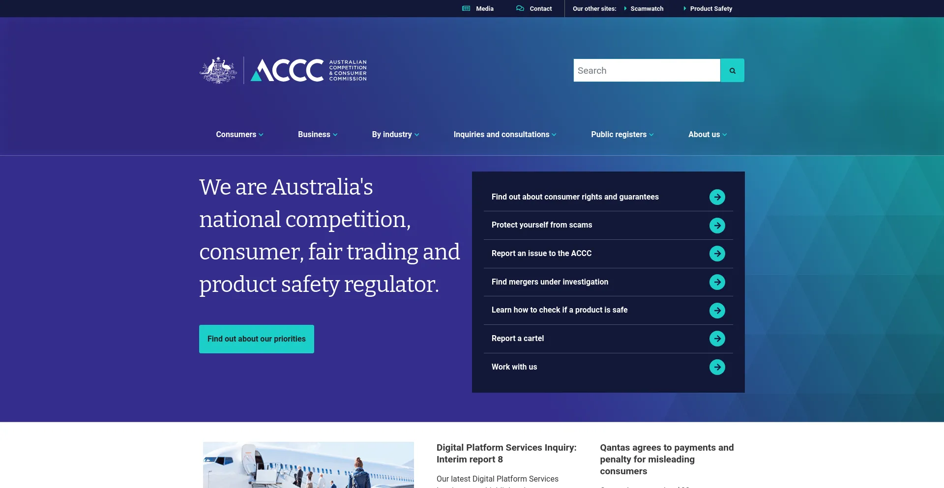 Screenshot of accc.gov.au homepage