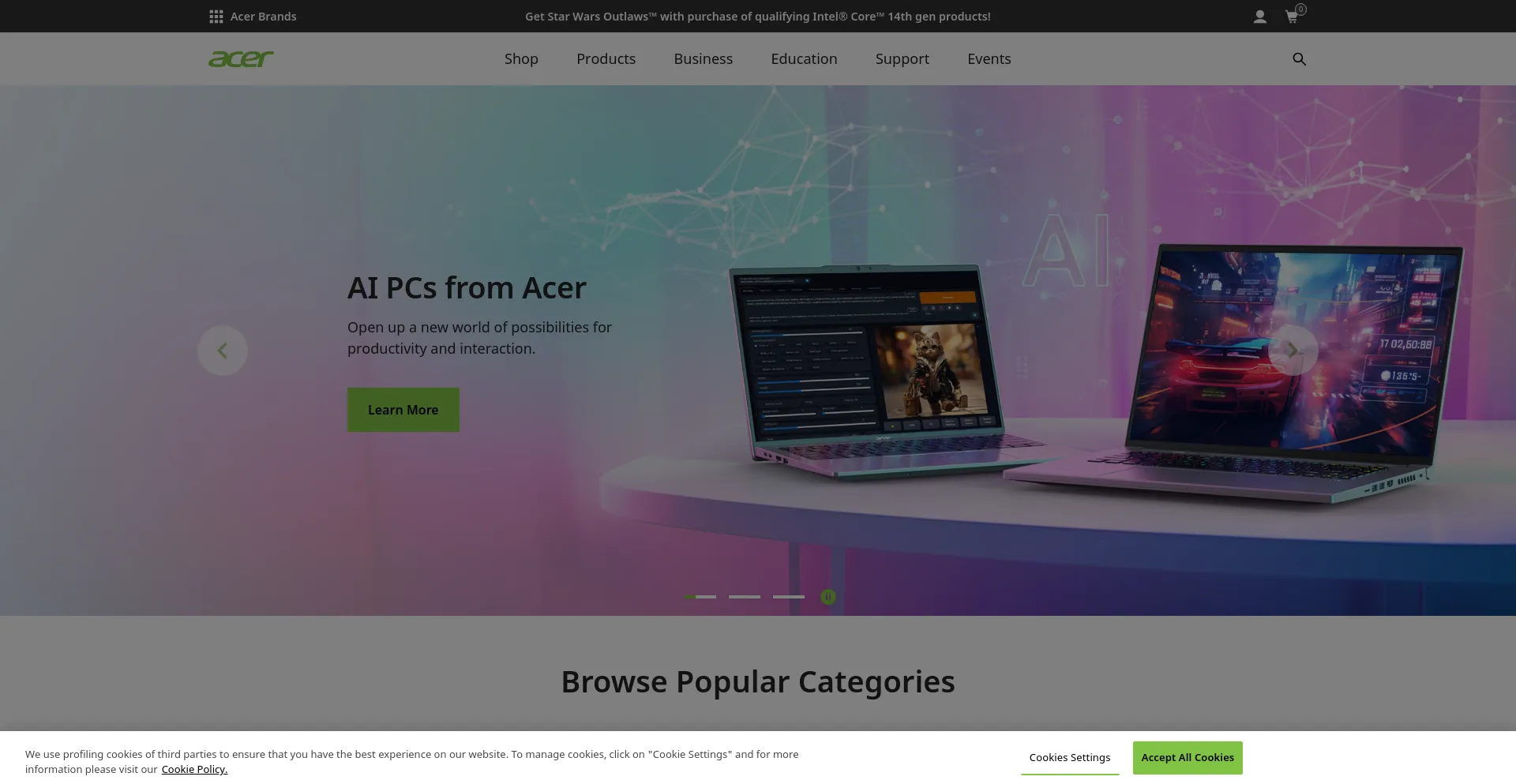 Screenshot of acer.com homepage