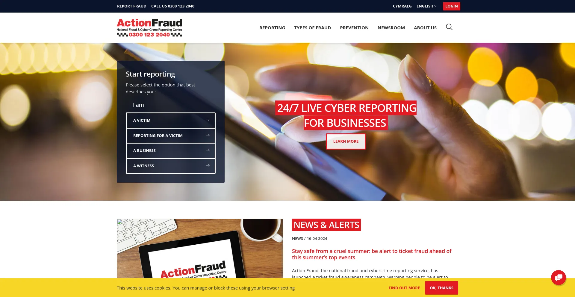 Screenshot of actionfraud.police.uk homepage