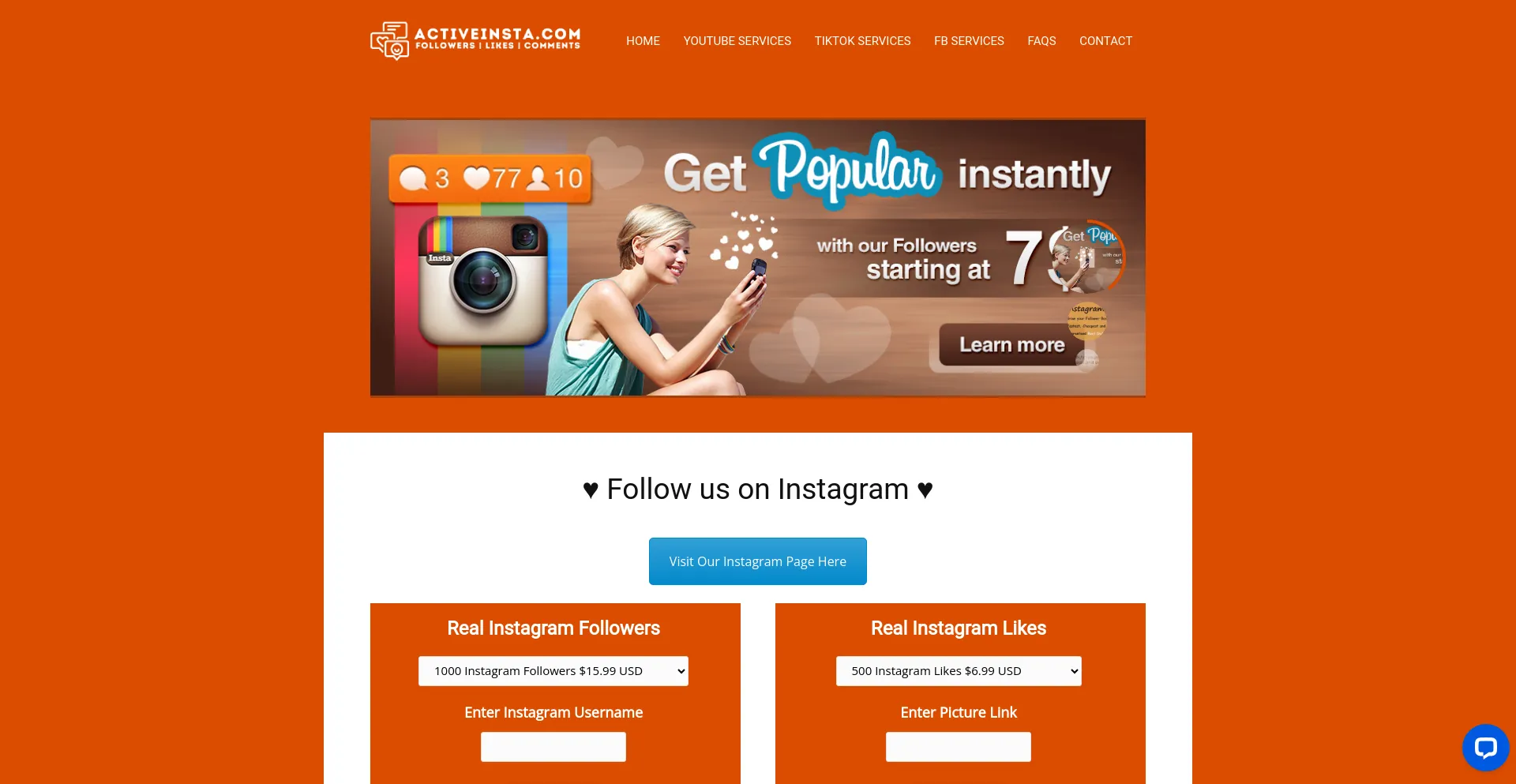 Screenshot of activeinsta.com homepage