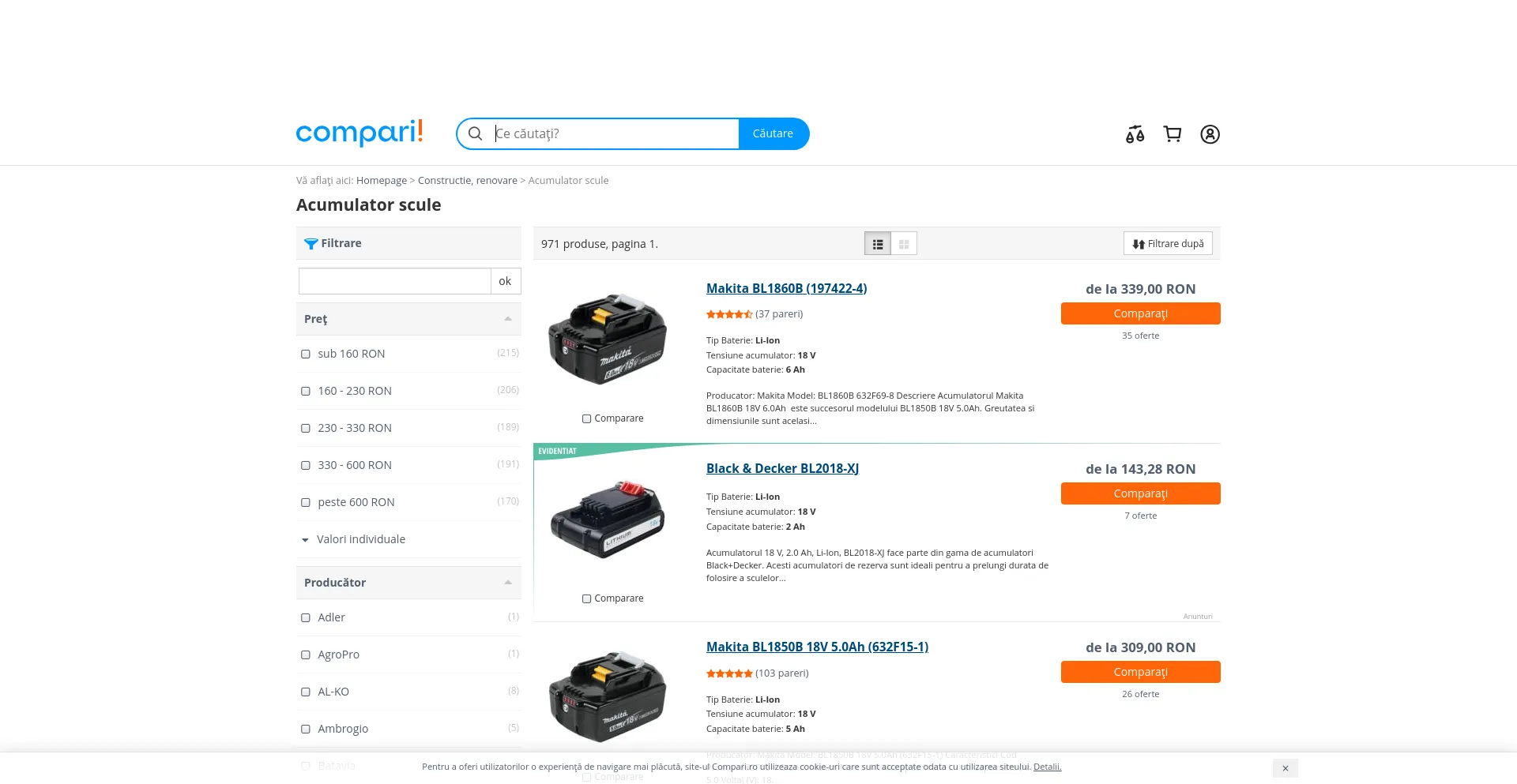 Screenshot of acumulator-scule.compari.ro homepage