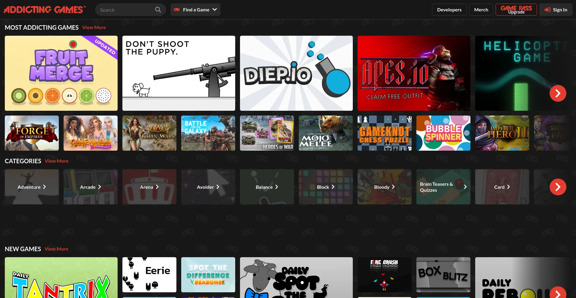 Screenshot of addictinggames.com homepage