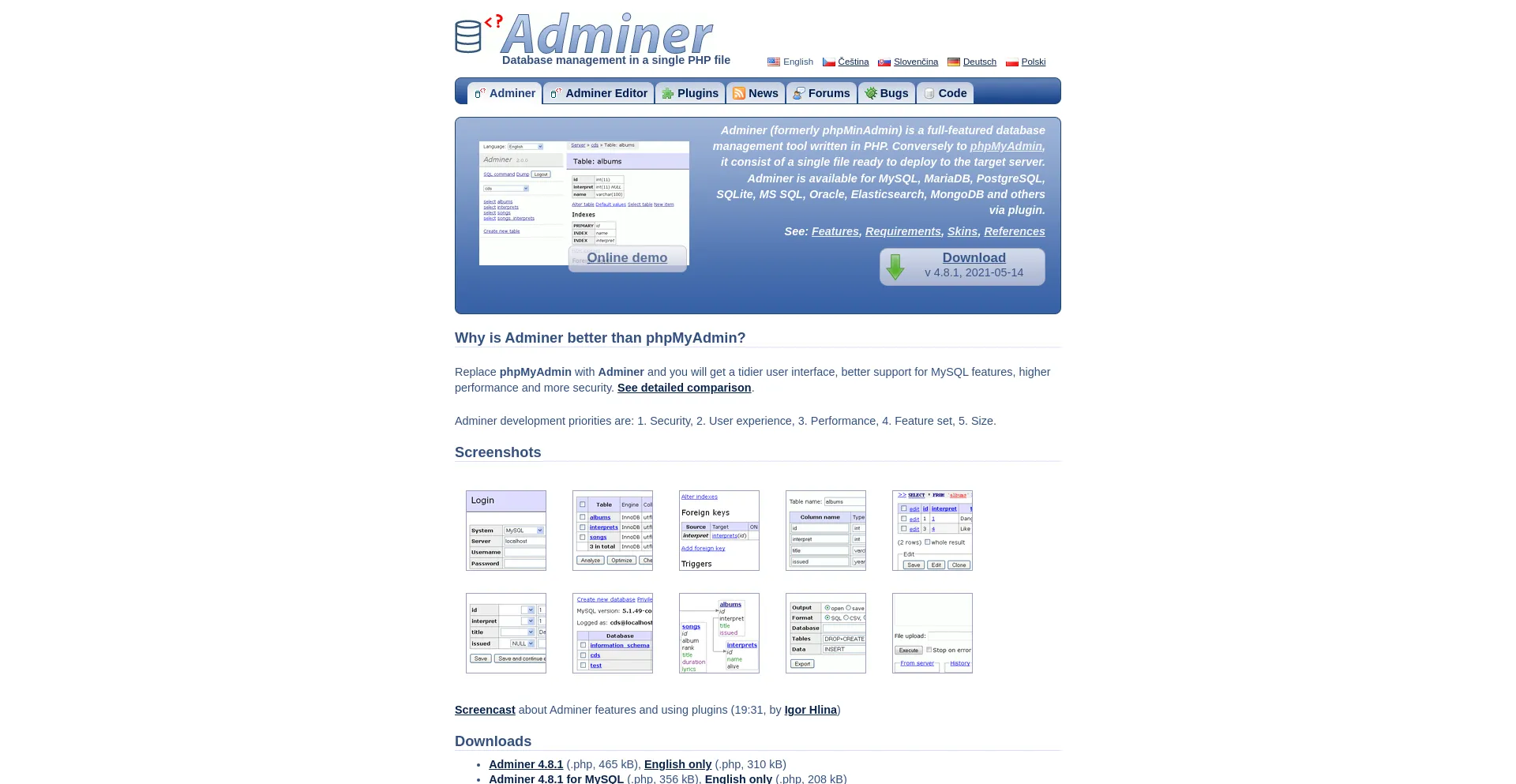 Screenshot of adminer.org homepage