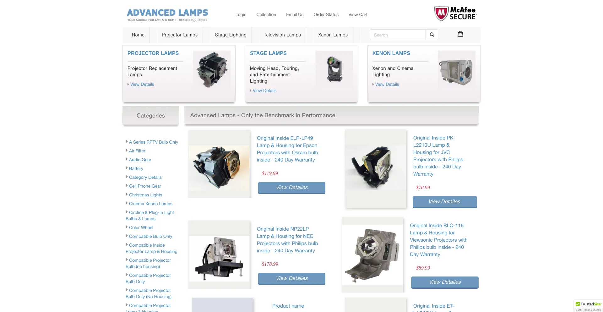 Screenshot of advancedlamps.com homepage