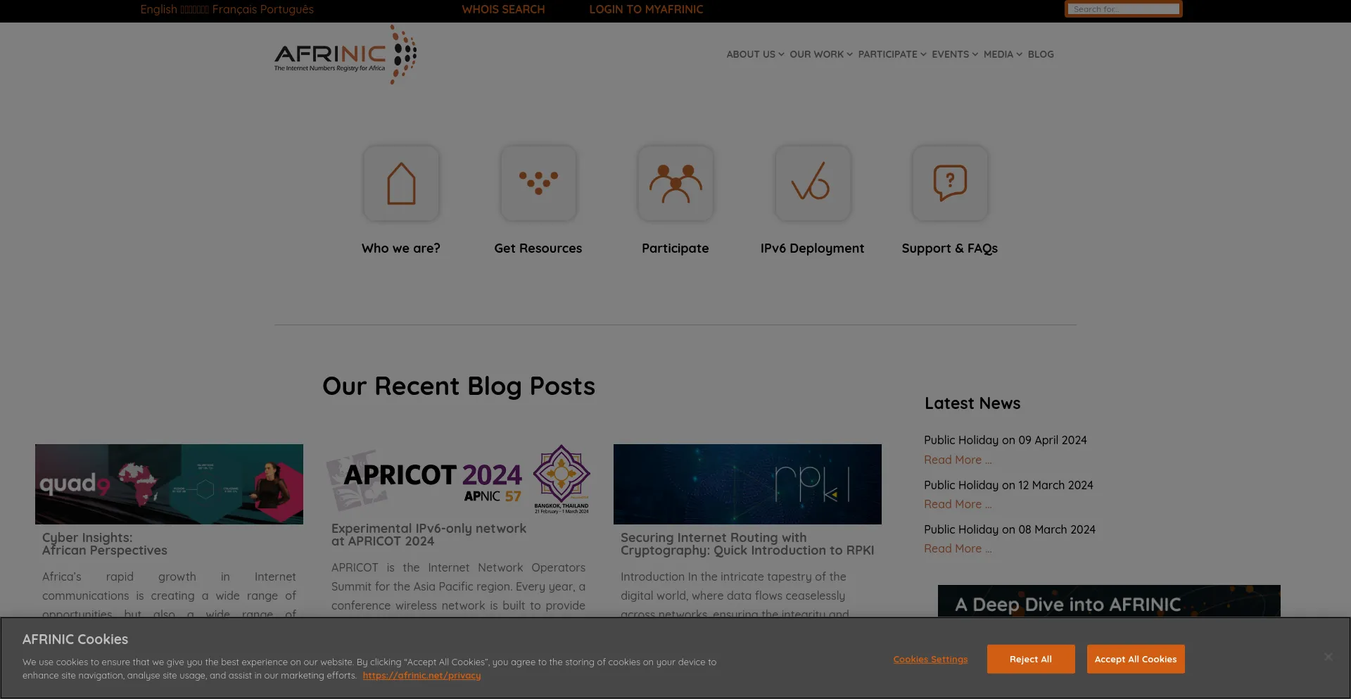 Screenshot of afrinic.net homepage