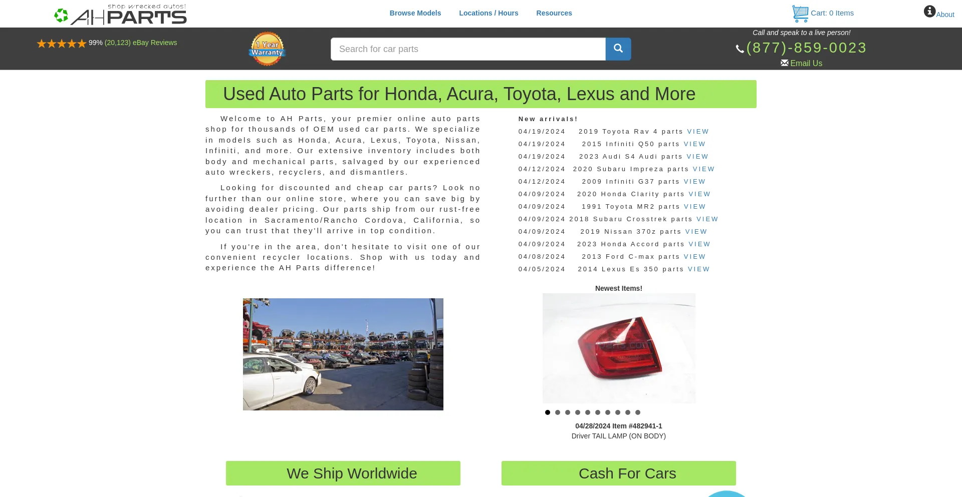 Screenshot of ahparts.com homepage