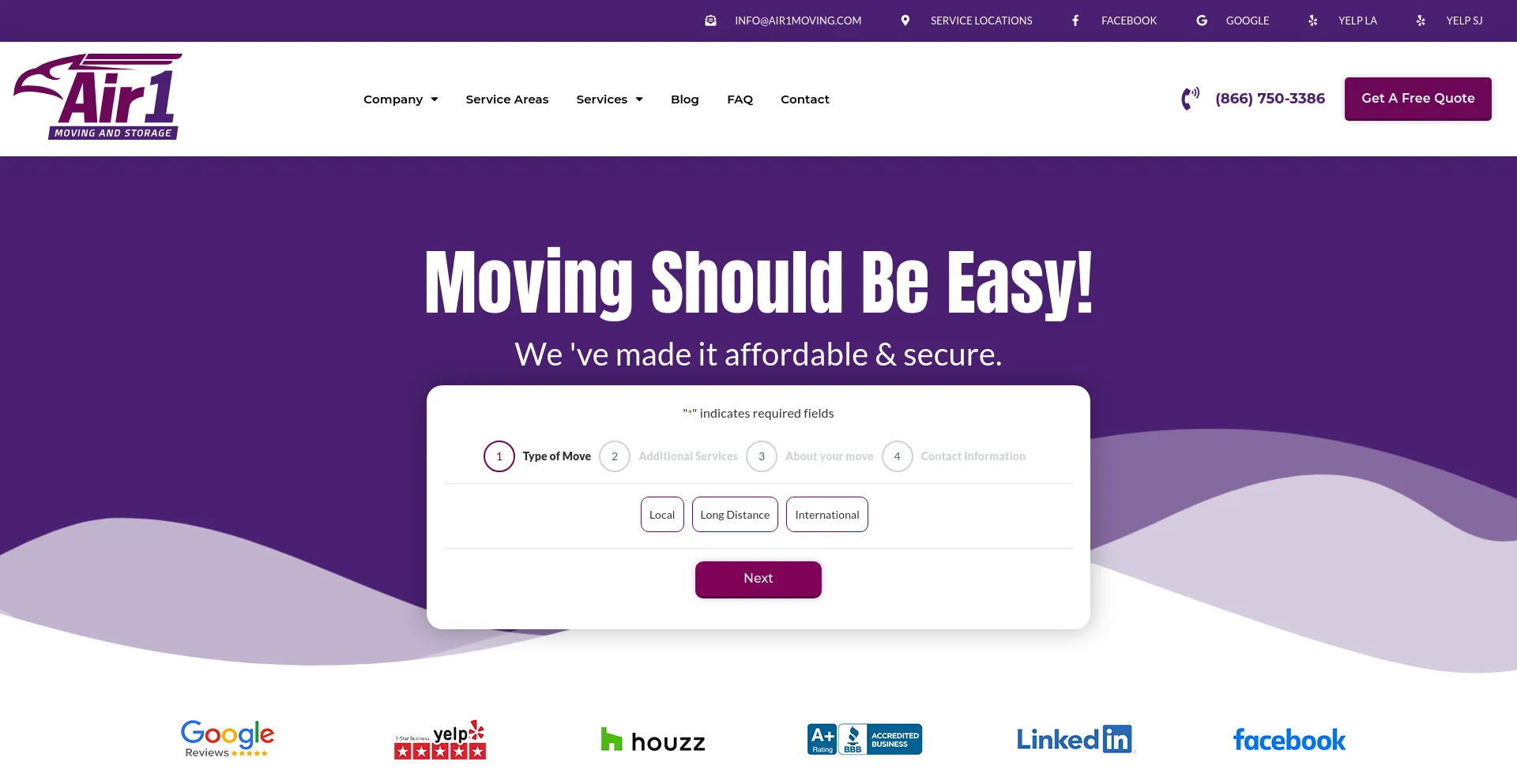 Screenshot of air1moving.com homepage