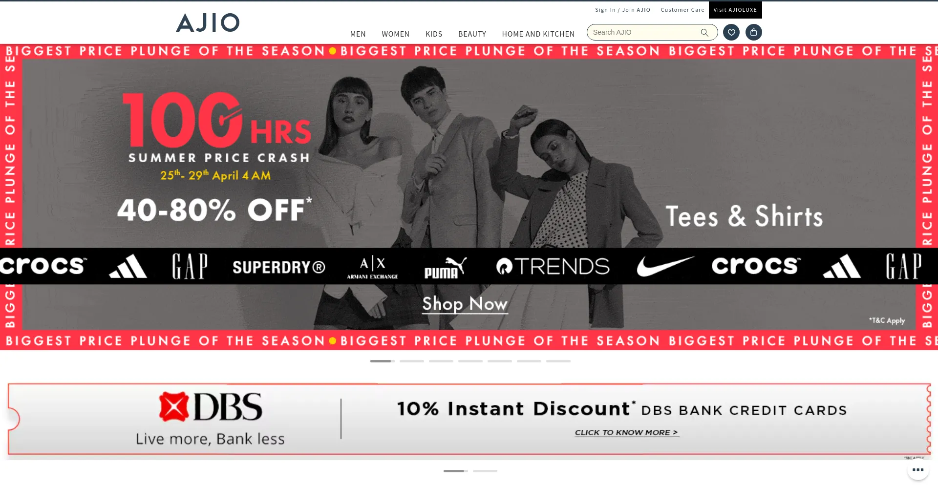 Screenshot of ajio.com homepage
