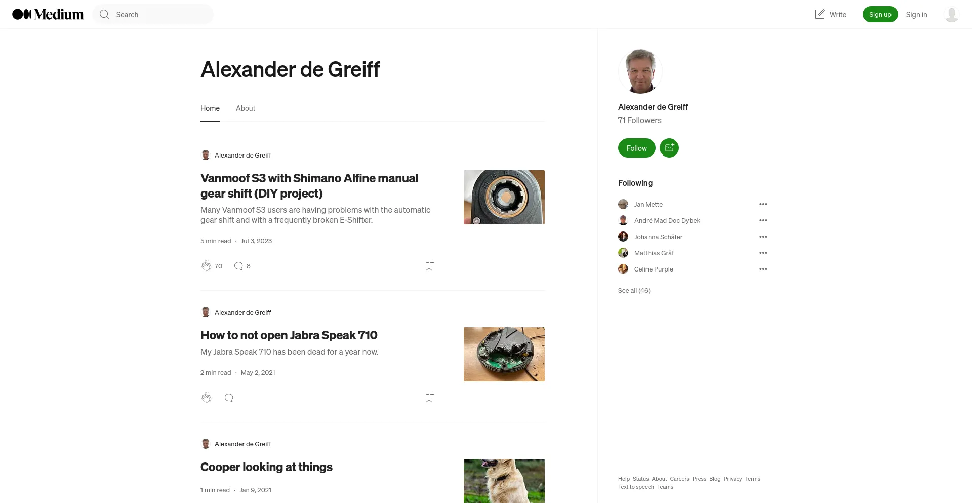 Screenshot of alexander-degreiff.medium.com homepage