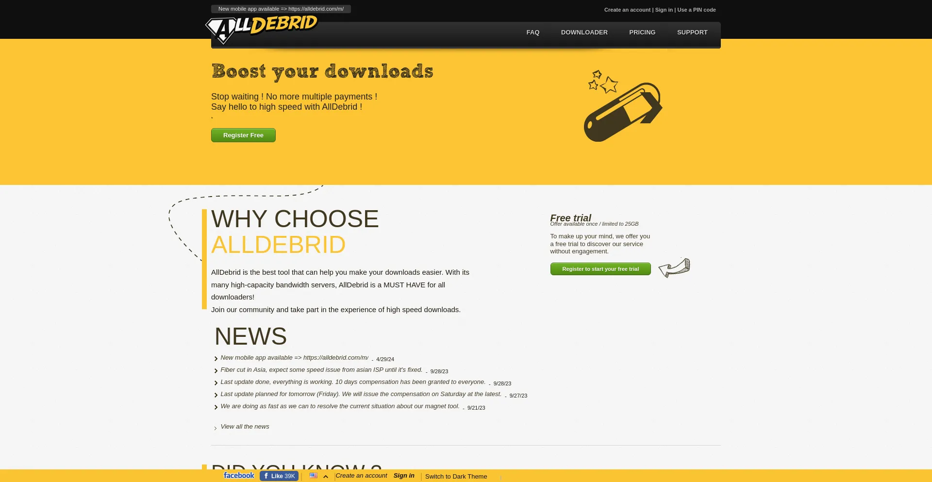 Screenshot of alldebrid.com homepage