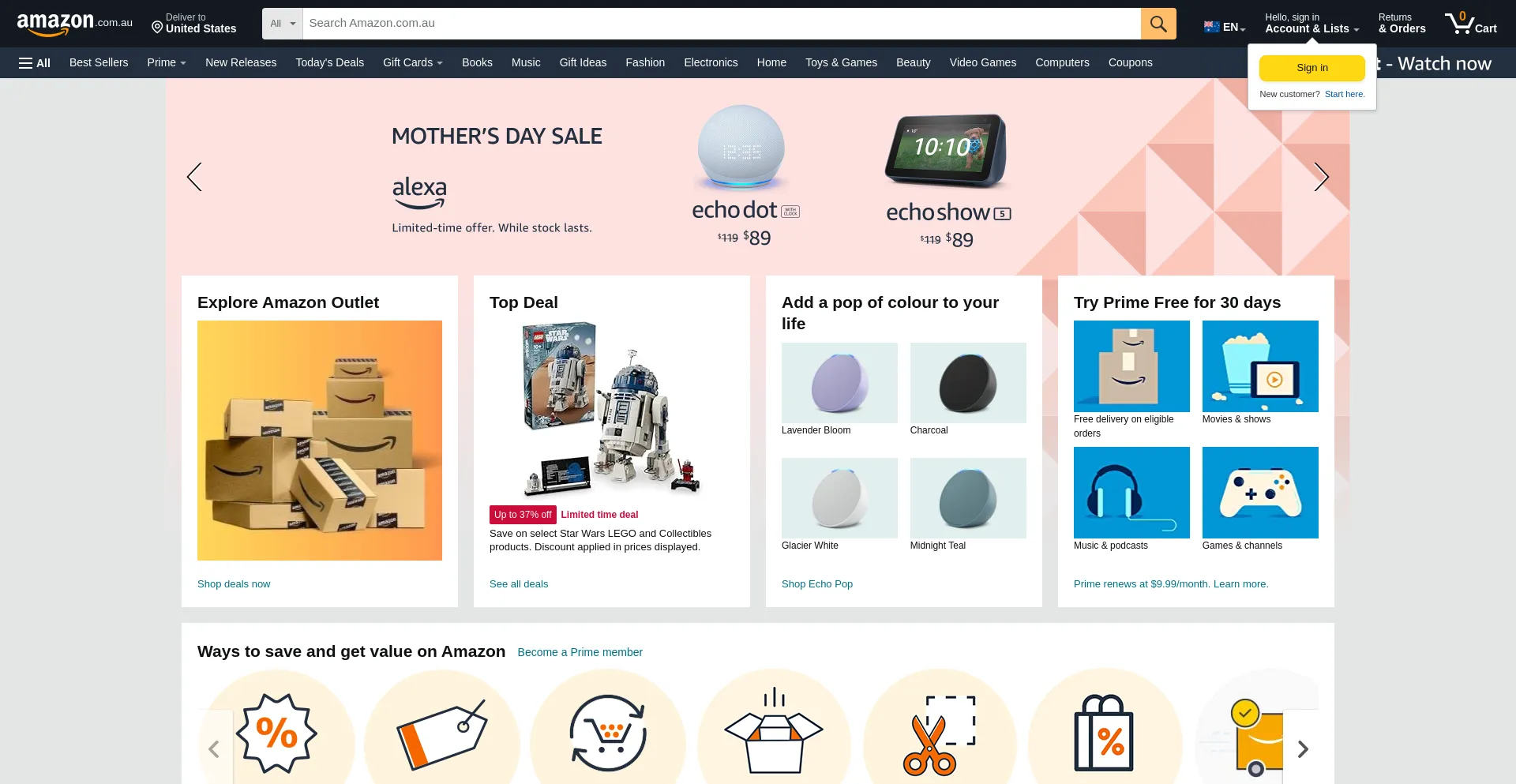 Screenshot of amazon.com.au homepage