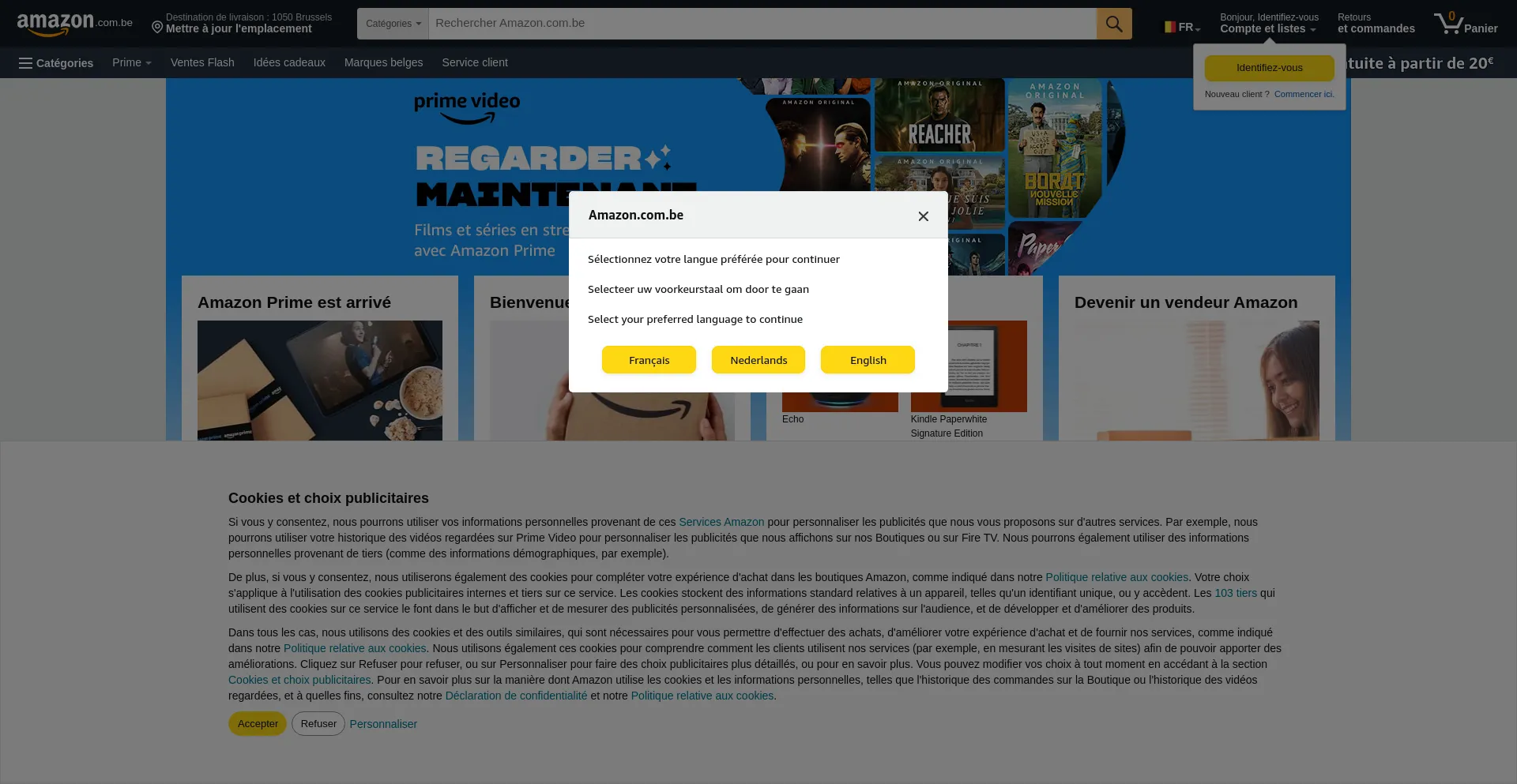 Screenshot of amazon.com.be homepage