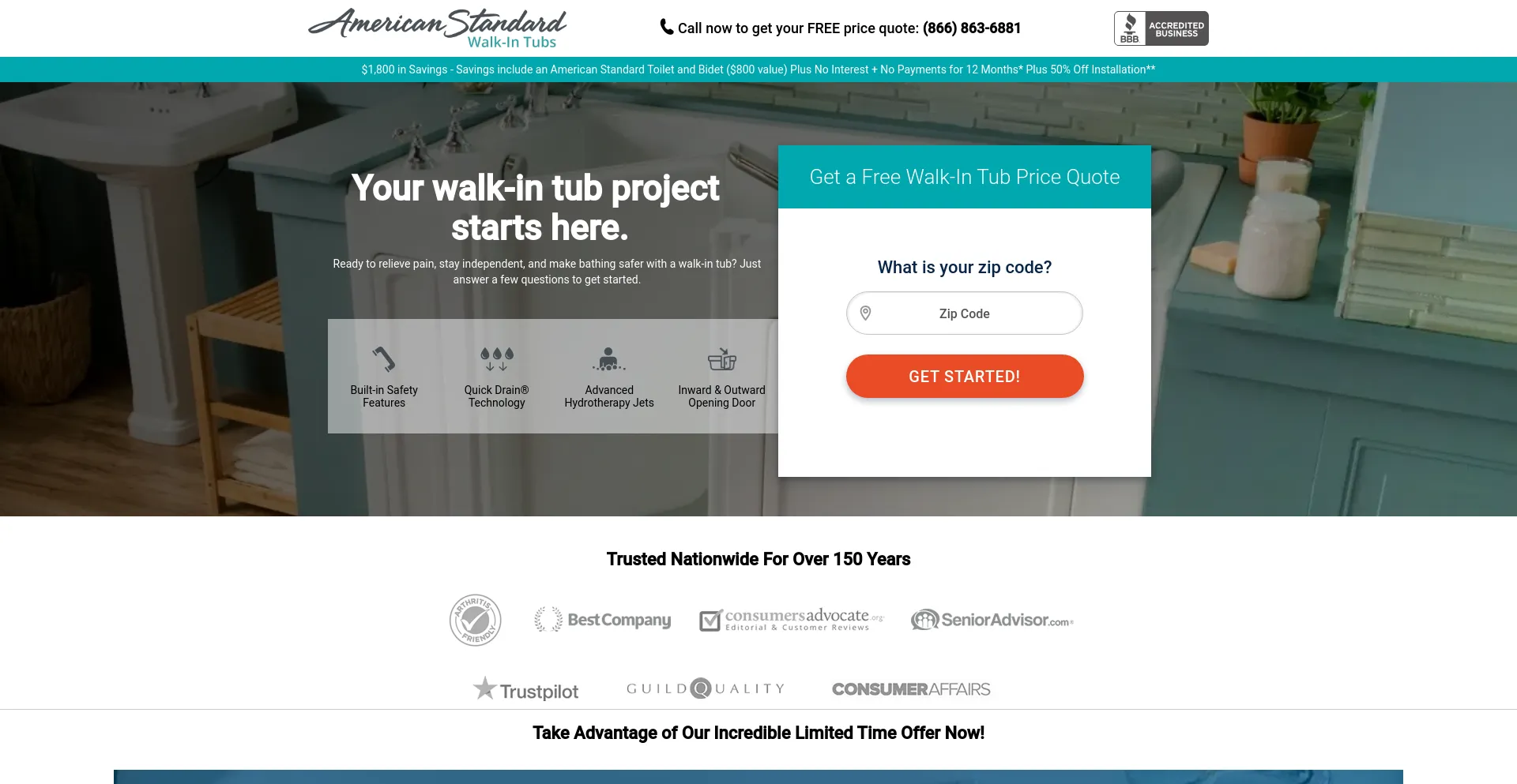 Screenshot of americanstandardwalkinbaths.com homepage