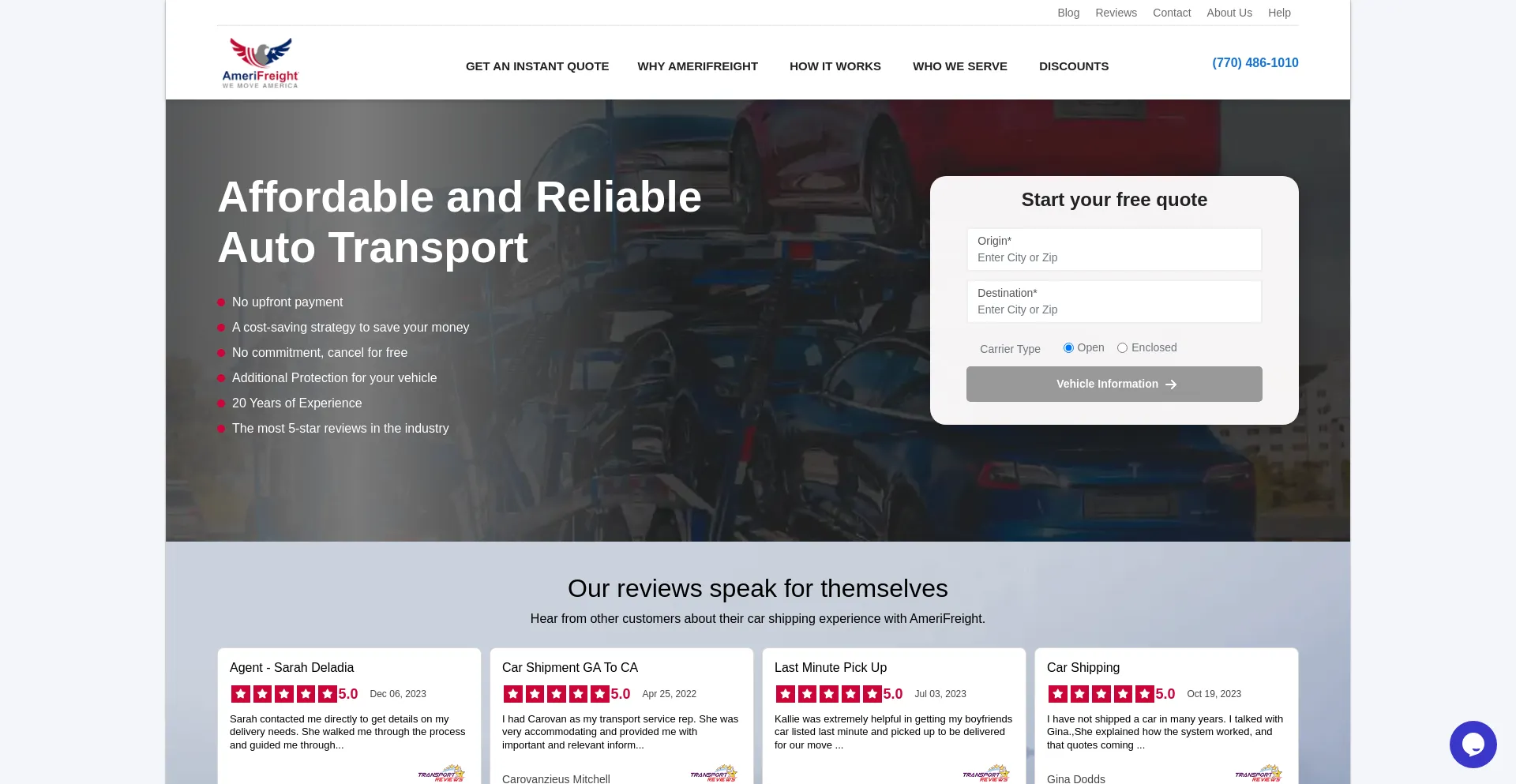 Screenshot of amerifreight.net homepage