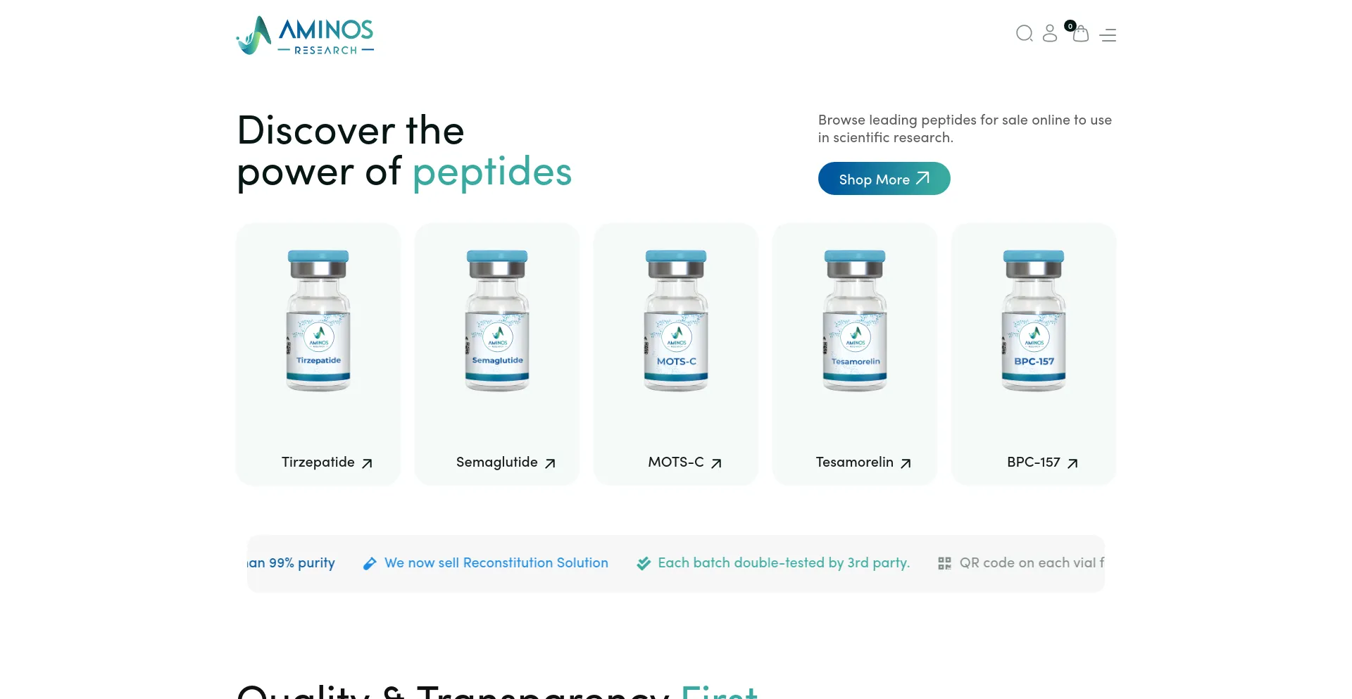 Screenshot of aminos-research.com homepage