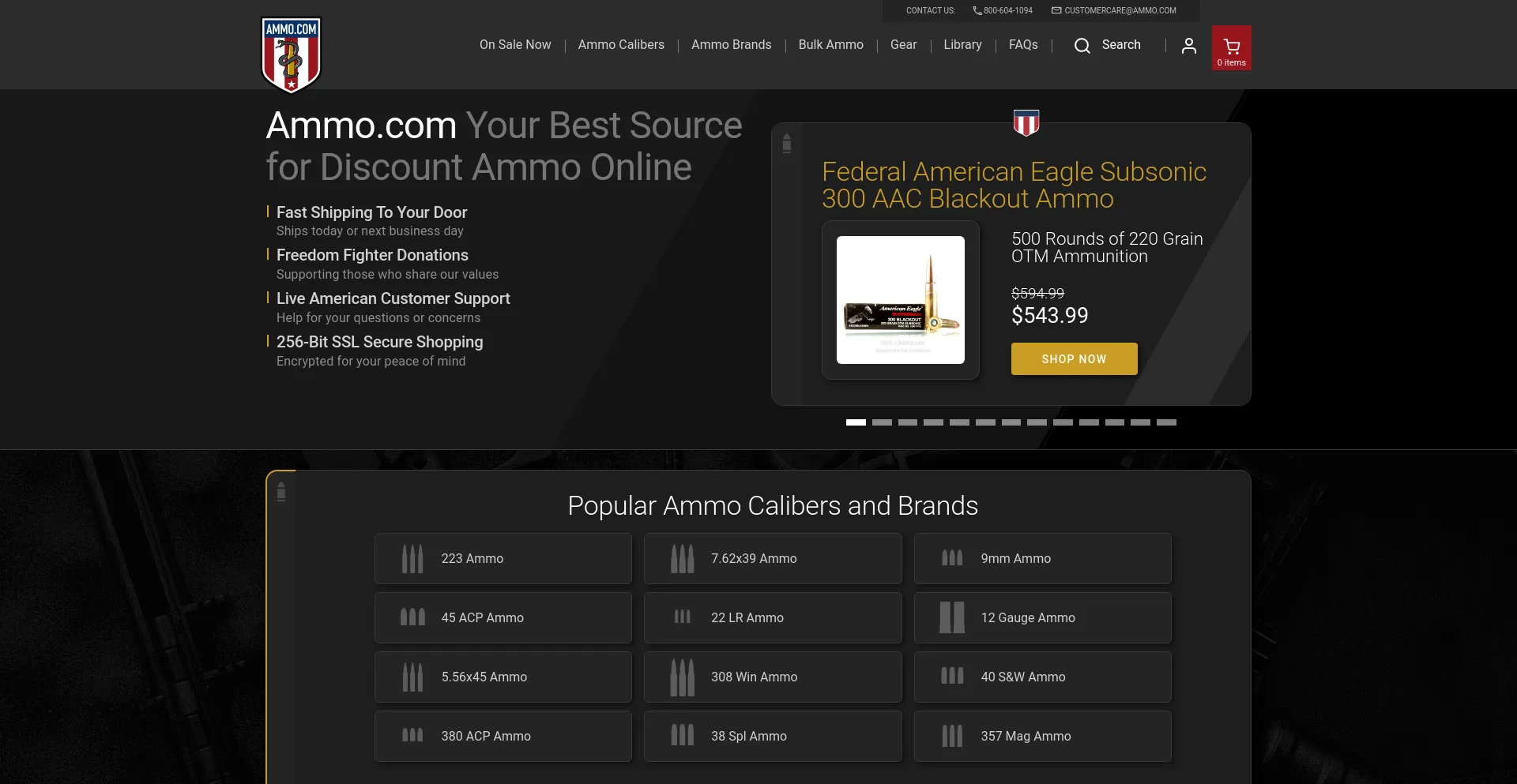 Screenshot of ammo.com homepage