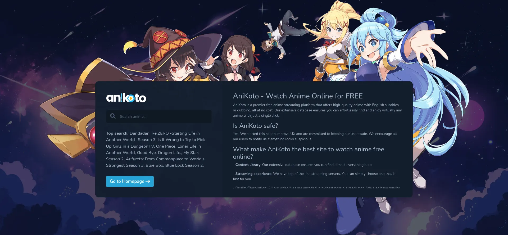 Screenshot of anikoto.to homepage