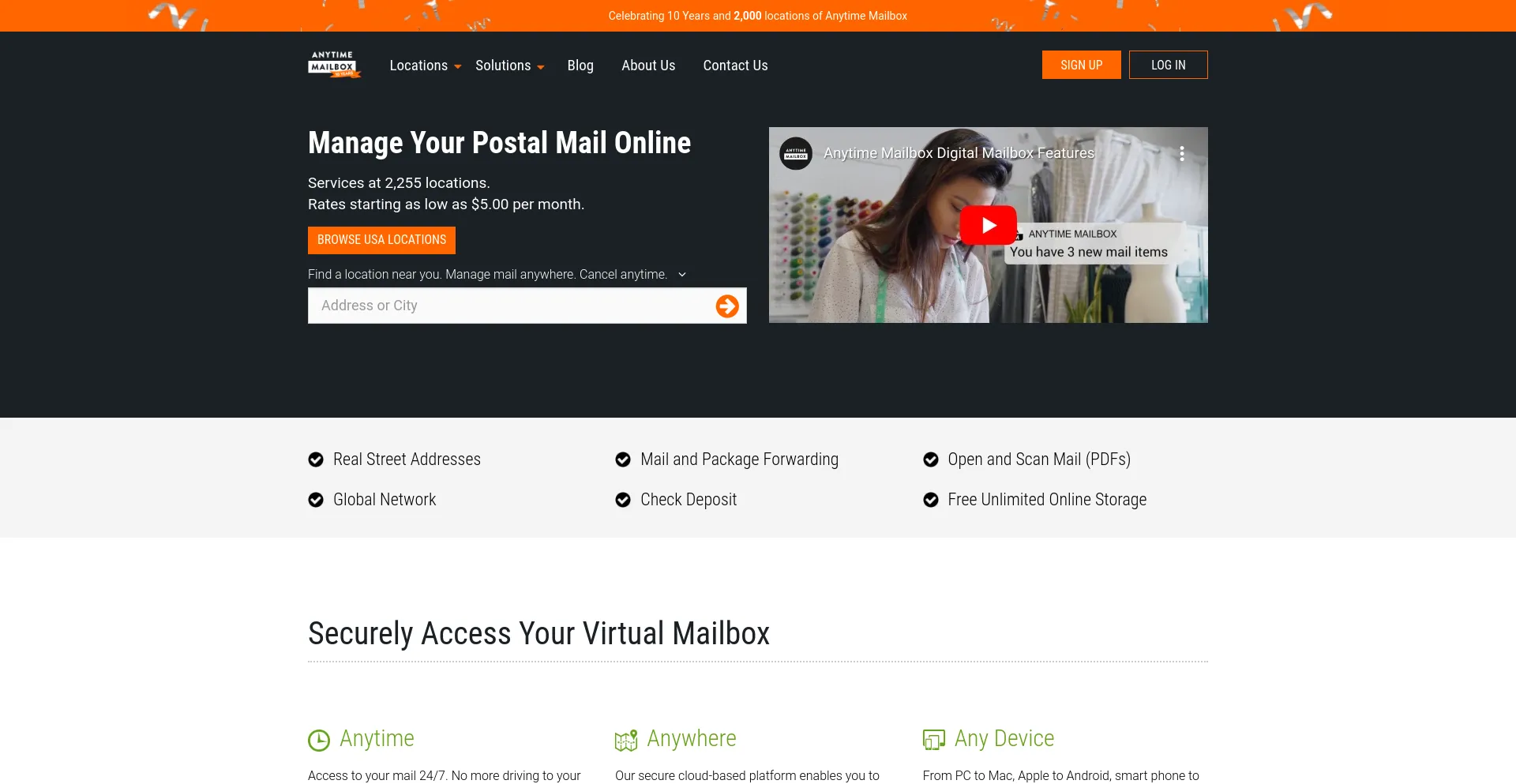 Screenshot of anytimemailbox.com homepage