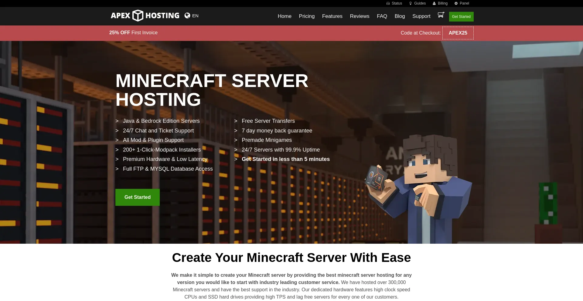 Screenshot of apexminecrafthosting.com homepage