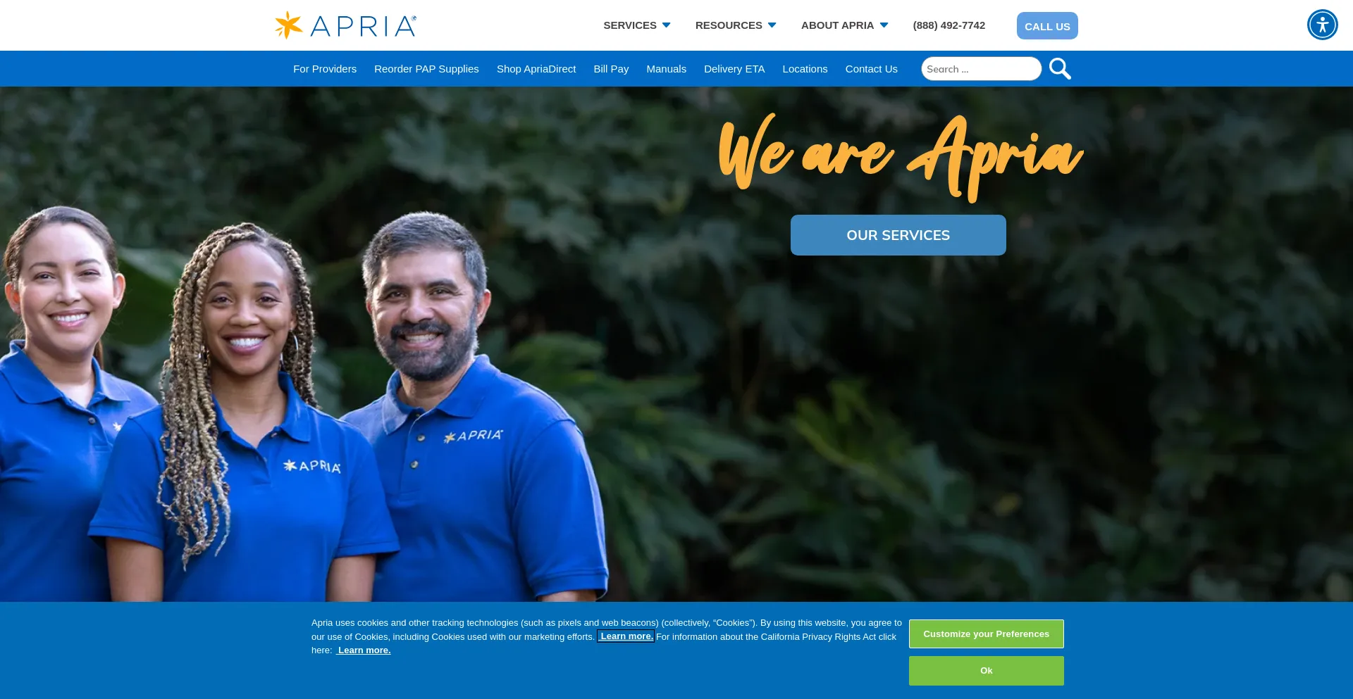 Screenshot of apria.com homepage