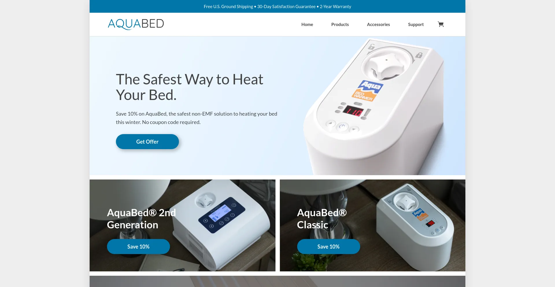 Screenshot of aquabedwarmer.com homepage