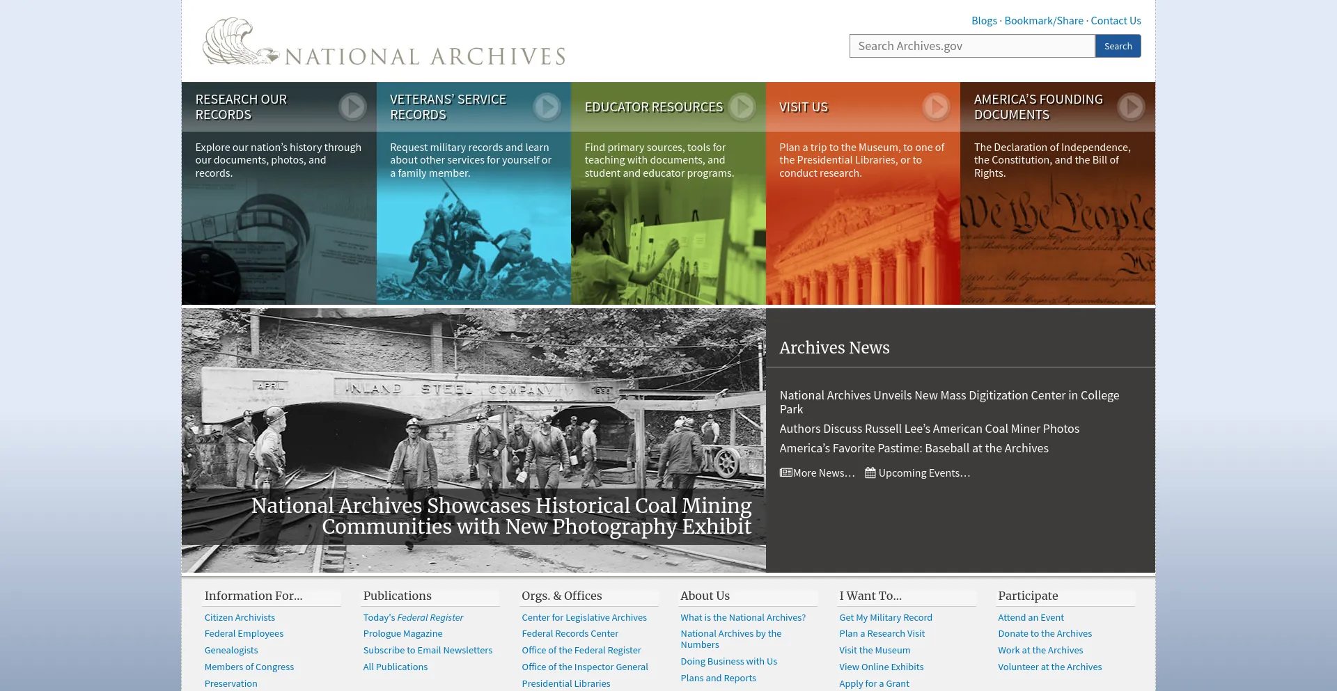 Screenshot of archives.gov homepage