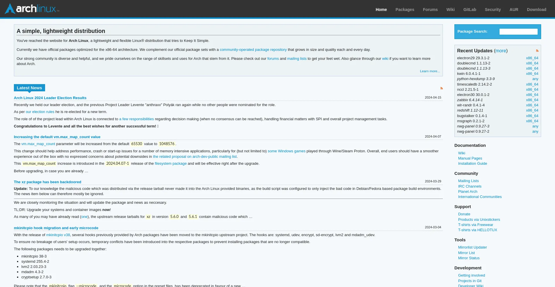 Screenshot of archlinux.org homepage