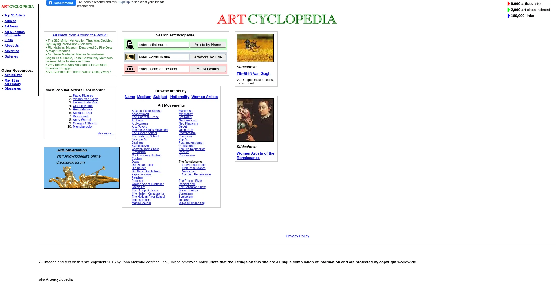 Screenshot of artcyclopedia.com homepage