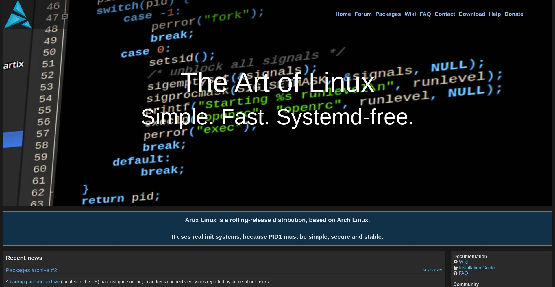 Screenshot of artixlinux.org homepage