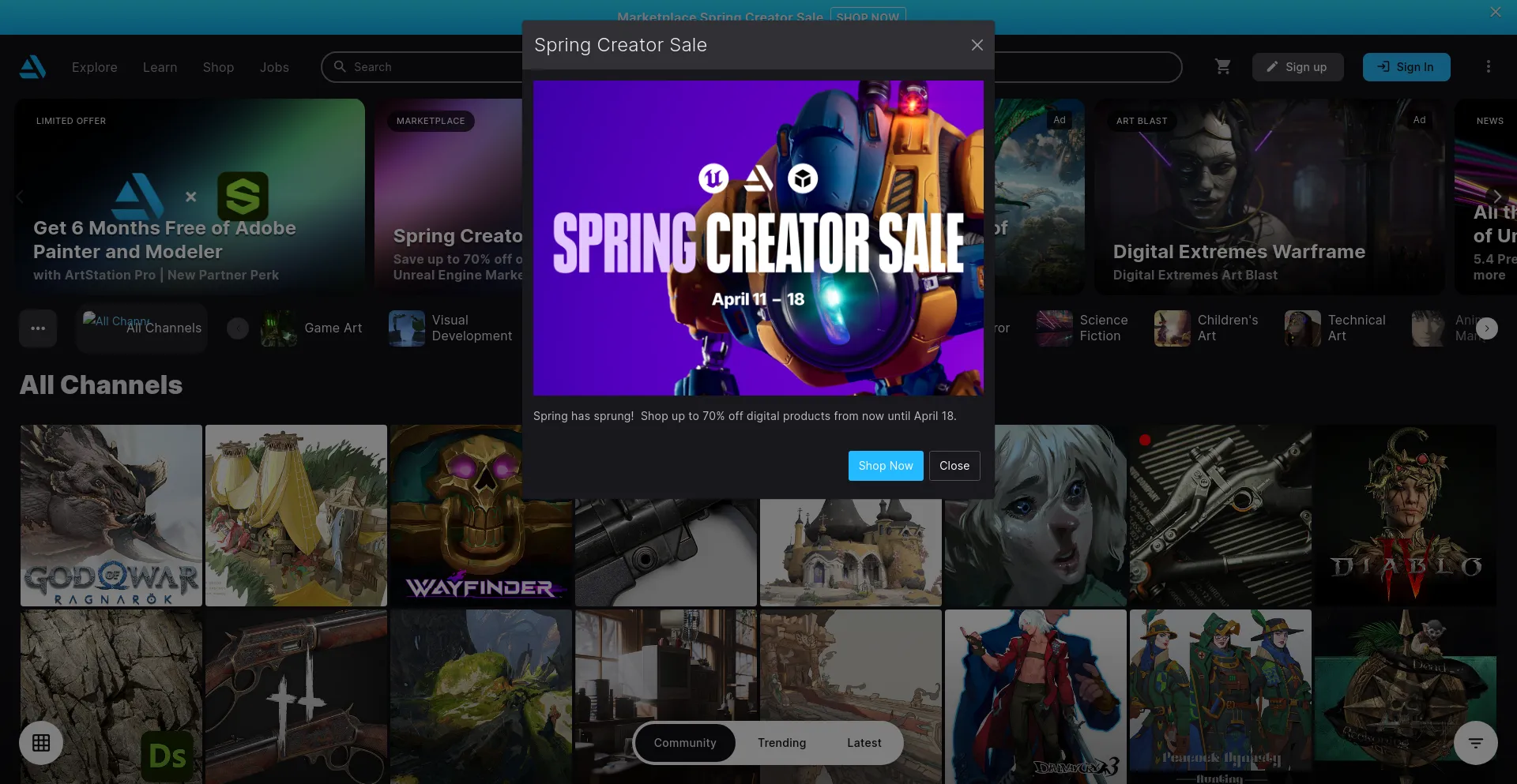 Screenshot of artstation.com homepage