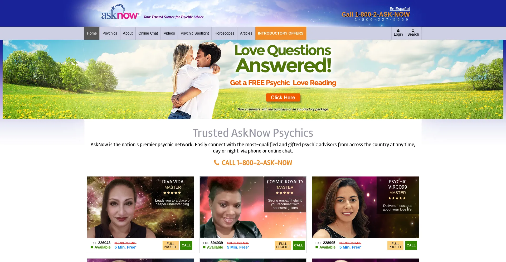 Screenshot of asknow.com homepage