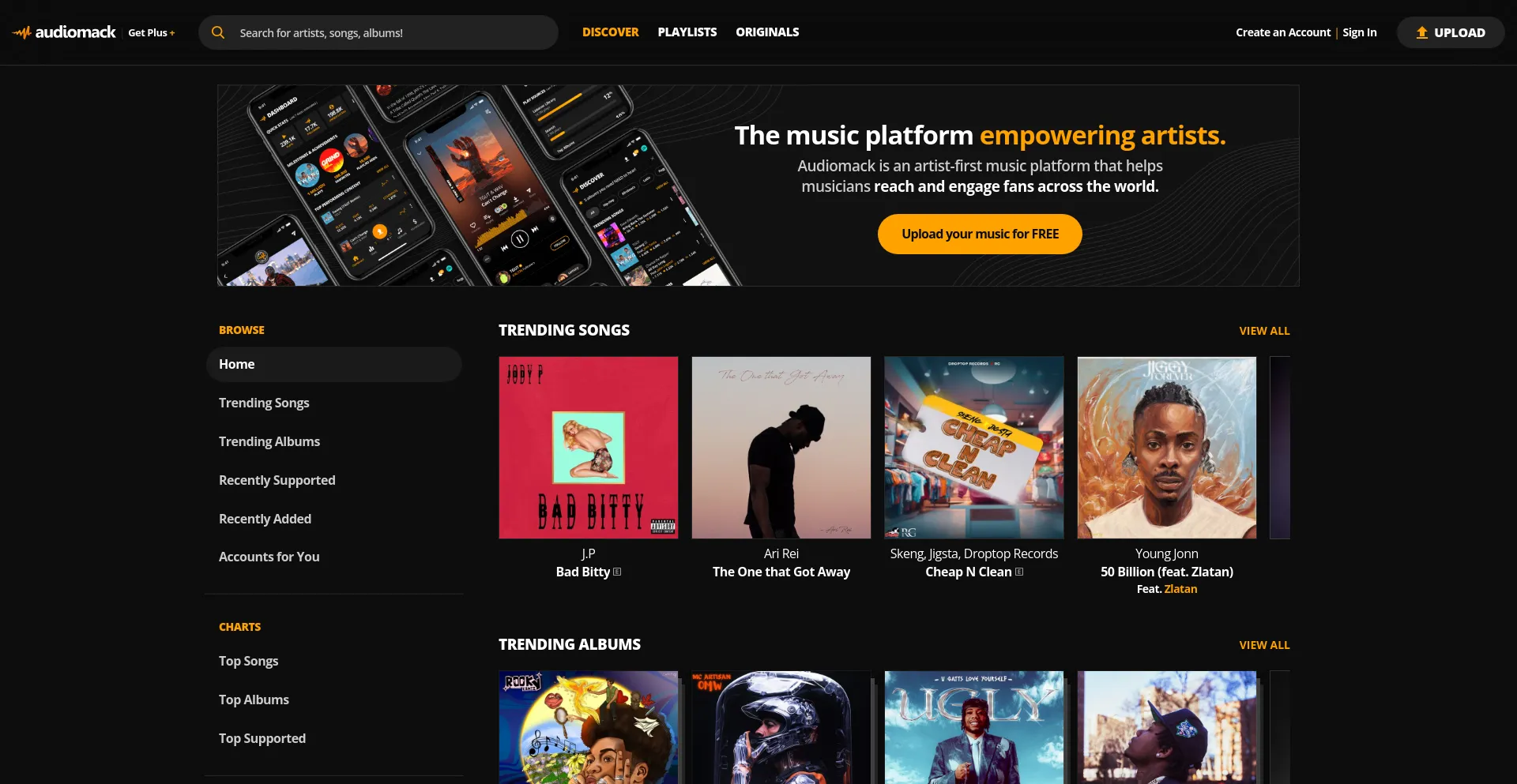 Screenshot of audiomack.com homepage