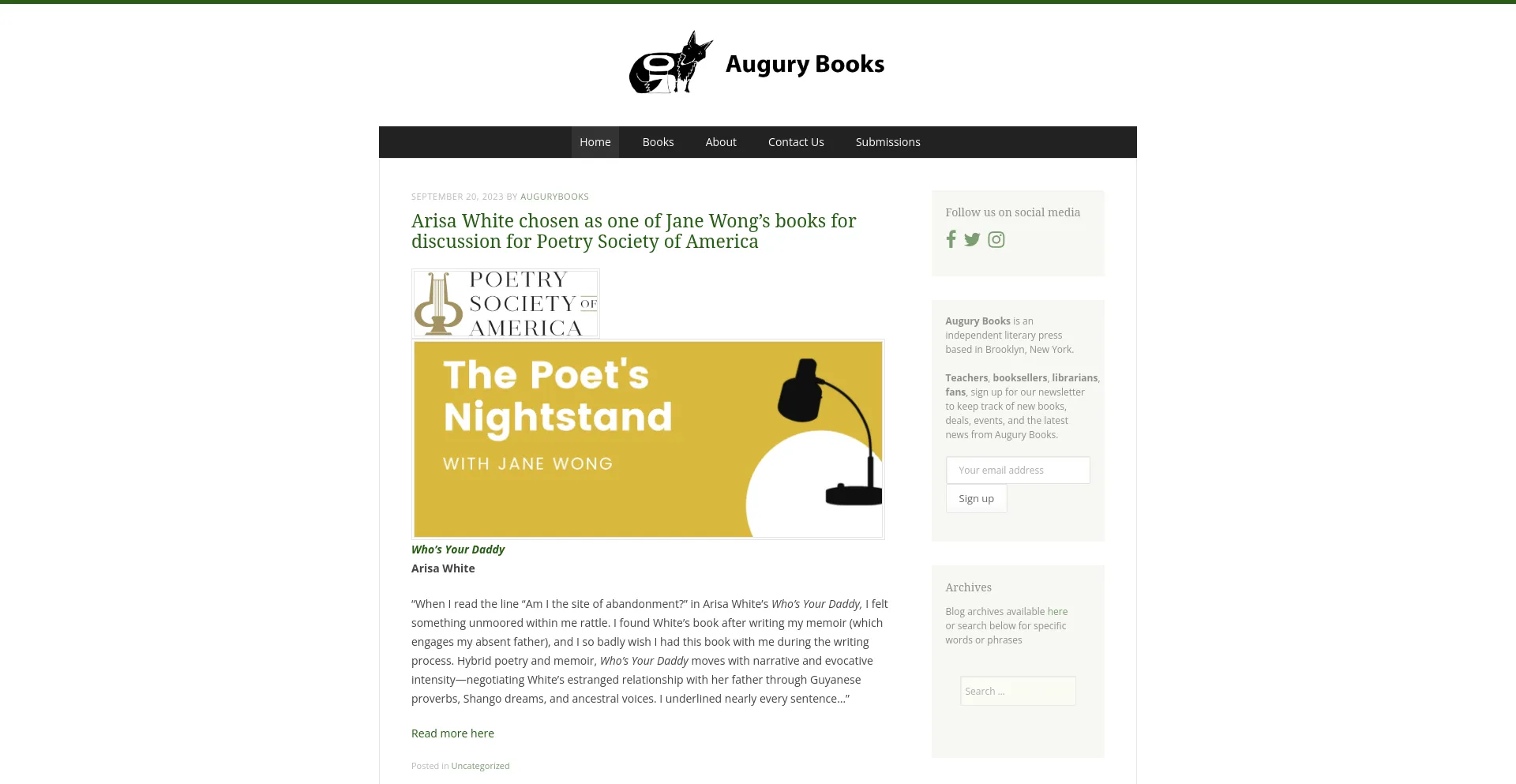 Screenshot of augurybooks.com homepage