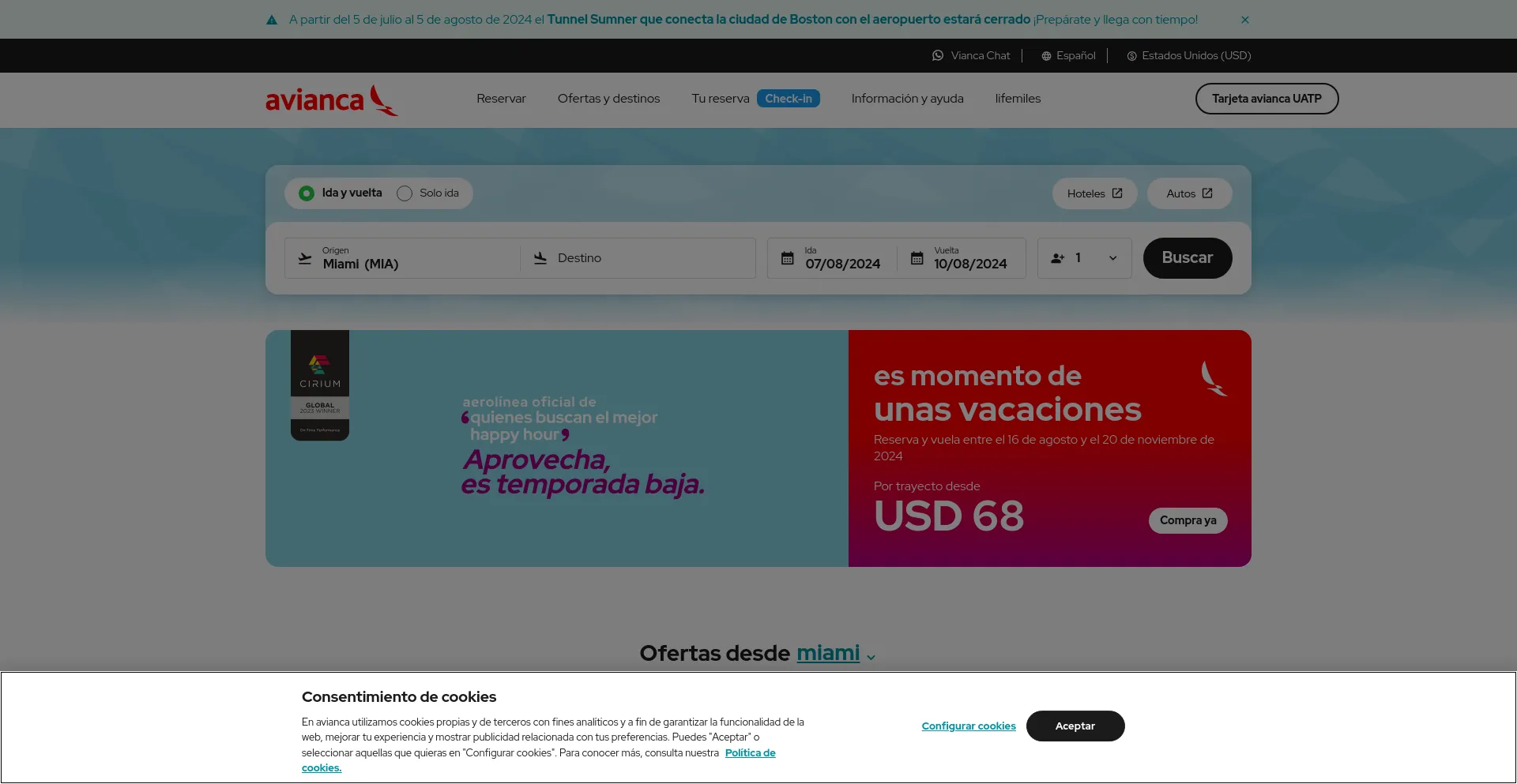 Screenshot of avianca.com homepage