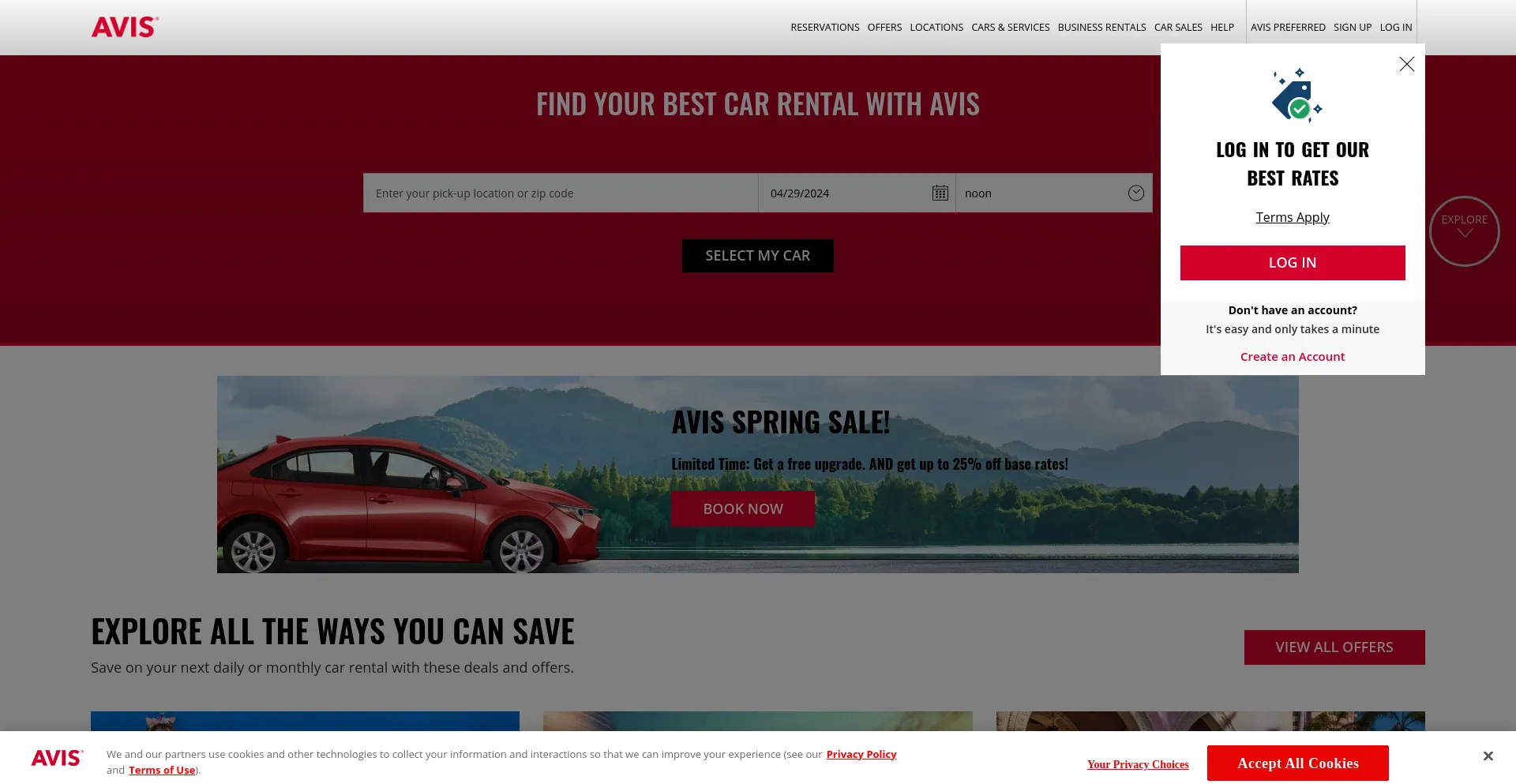 Screenshot of avis.com homepage