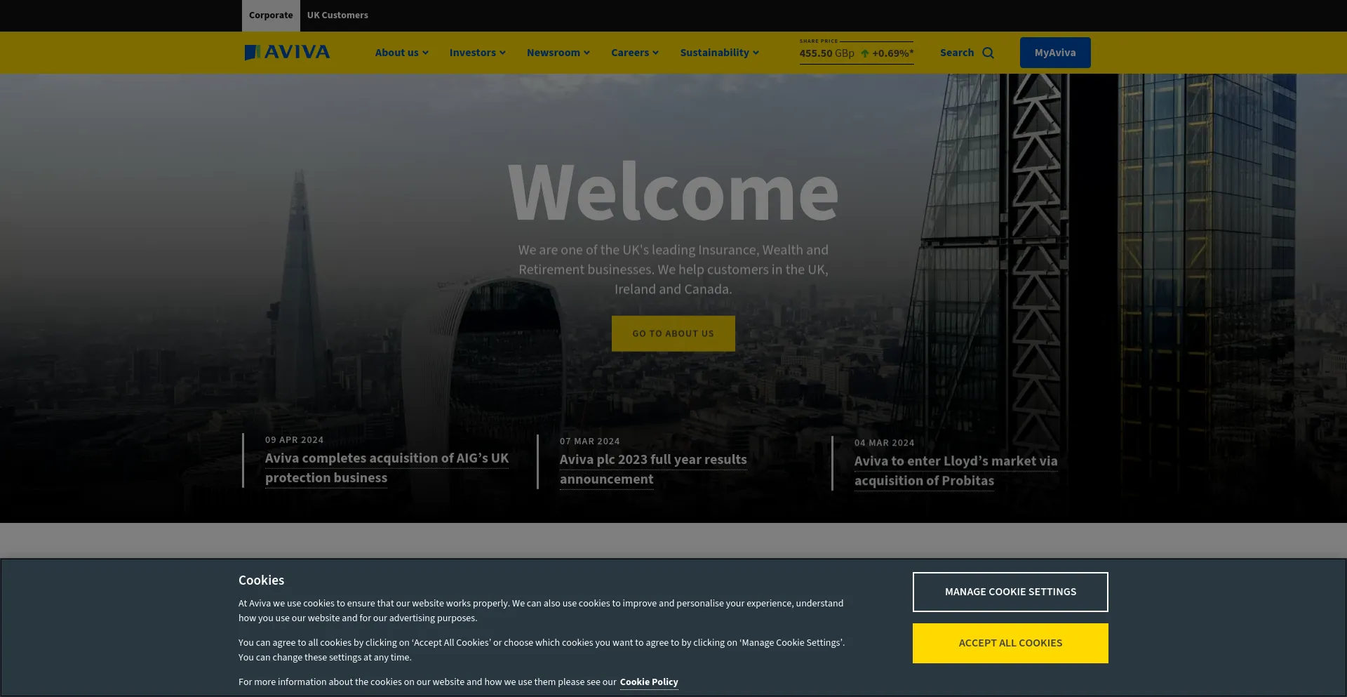 Screenshot of aviva.com homepage