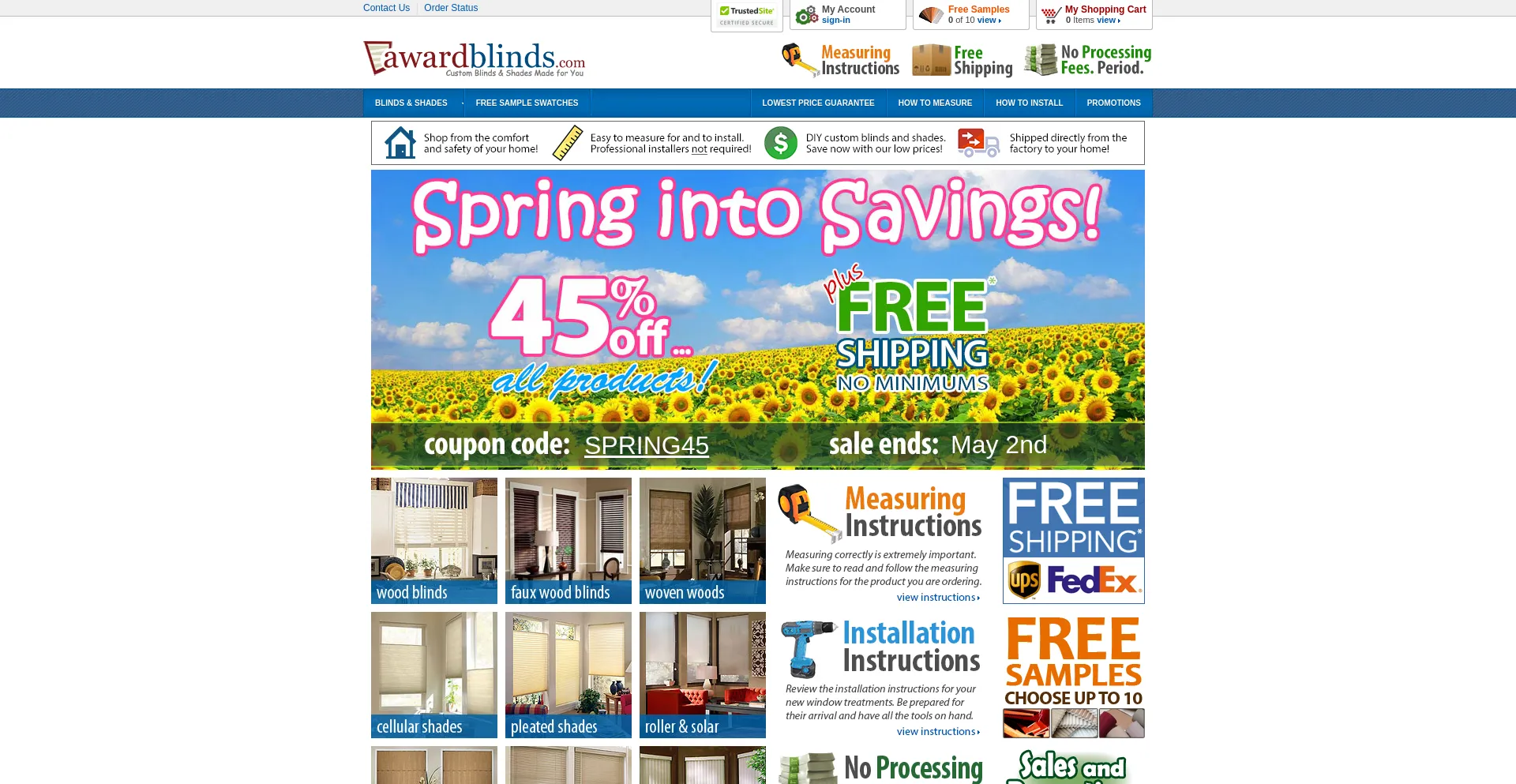 Screenshot of awardblinds.com homepage