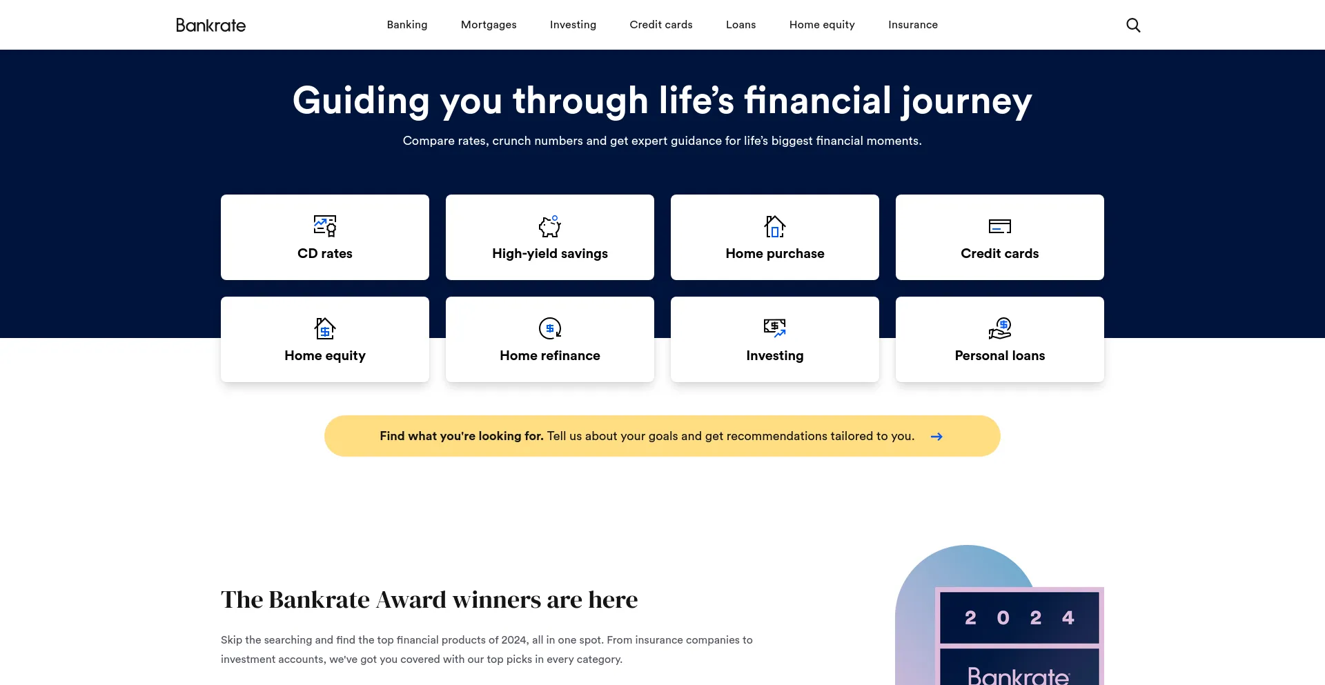 Screenshot of bankrate.com homepage