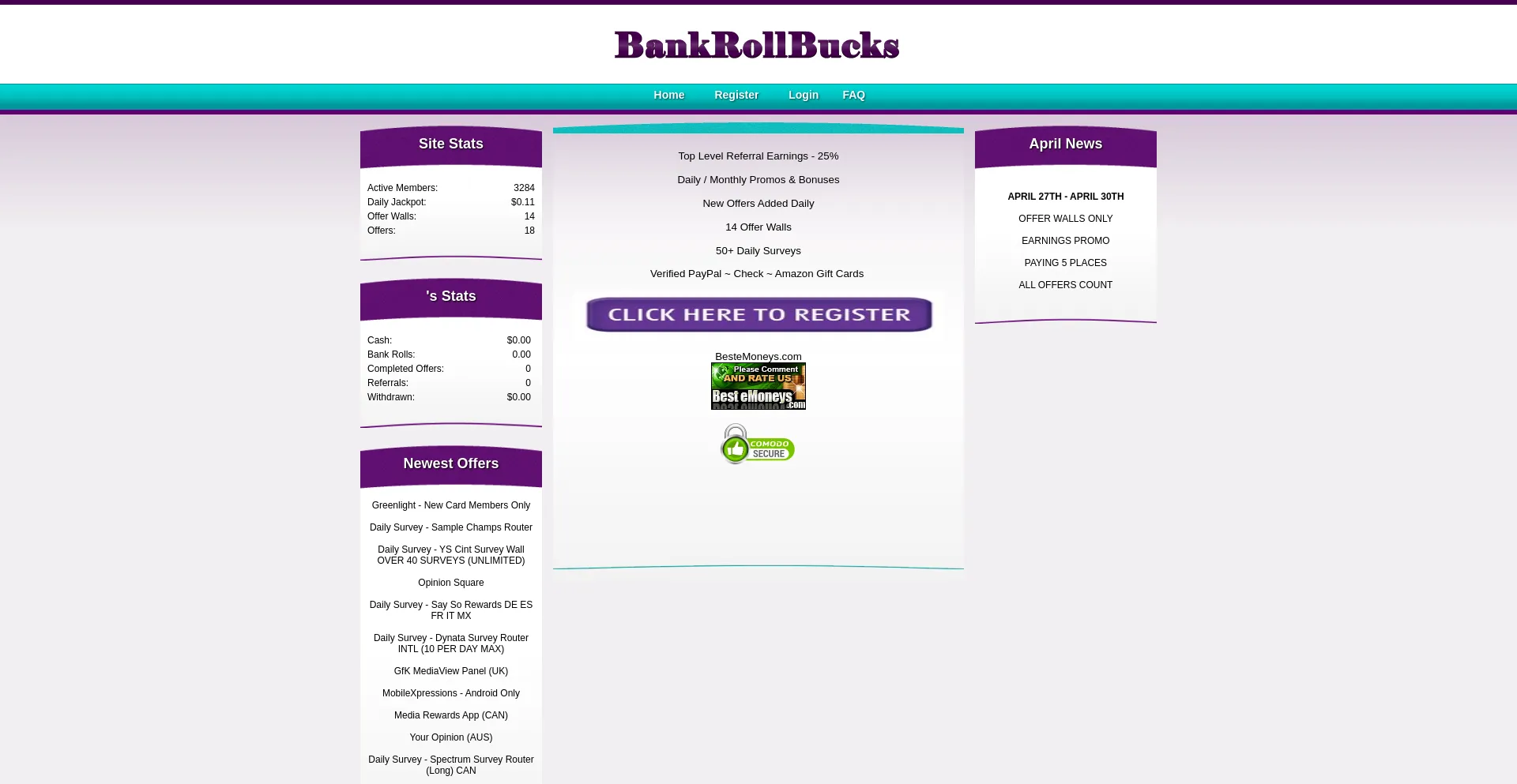 Screenshot of bankrollbucks.com homepage