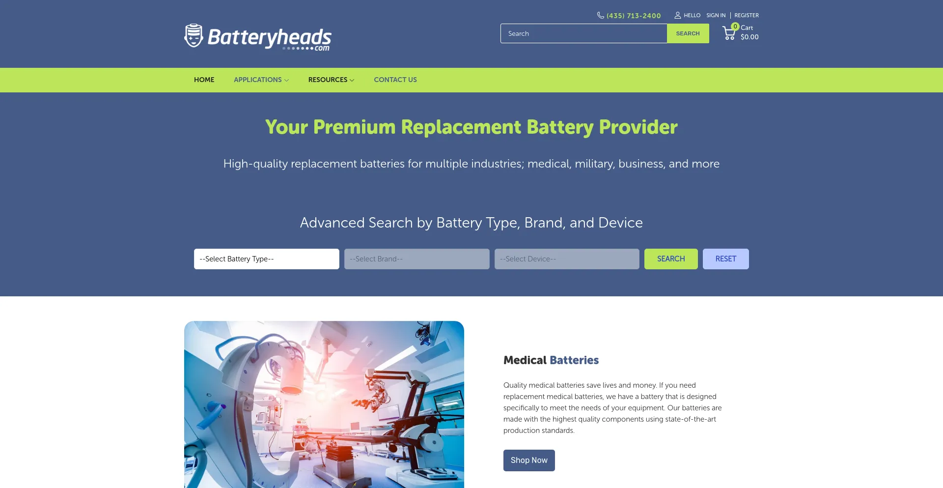 Screenshot of batteryheads.com homepage