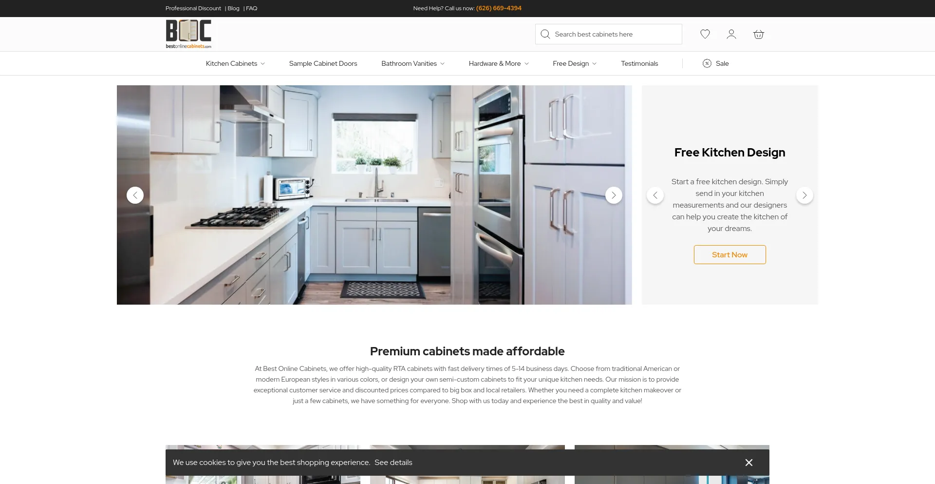 Screenshot of bestonlinecabinets.com homepage