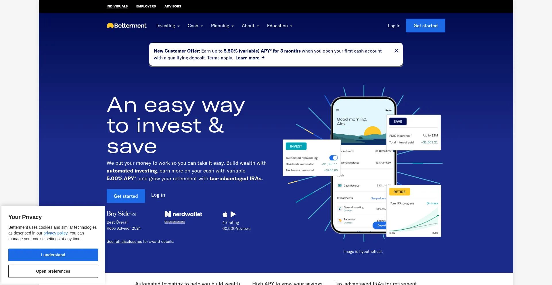 Screenshot of betterment.com homepage