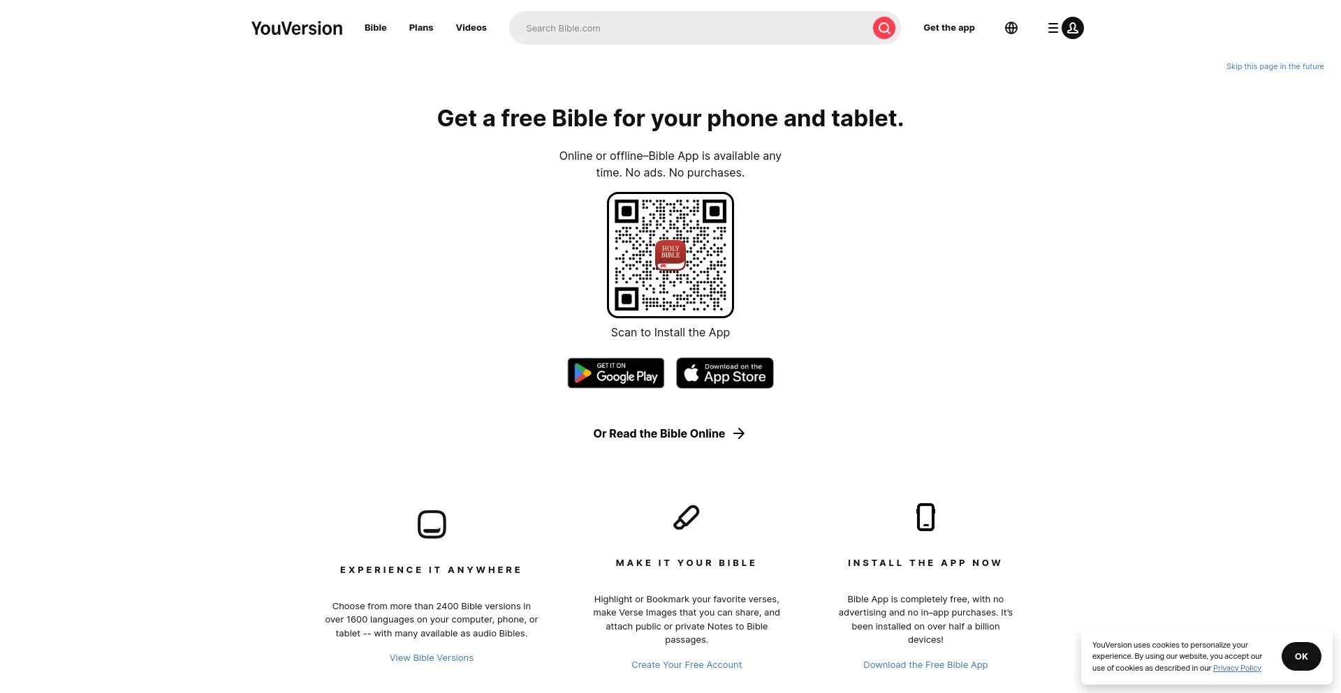 Screenshot of bible.com homepage