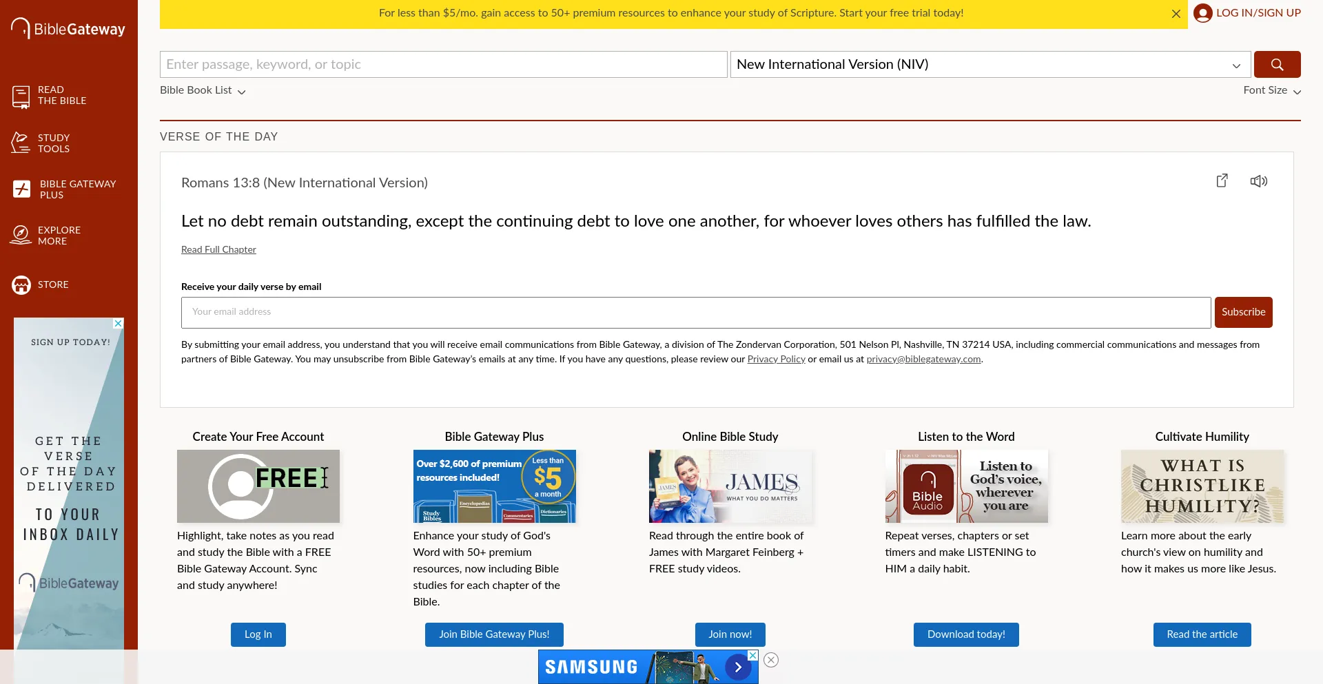 Screenshot of biblegateway.com homepage